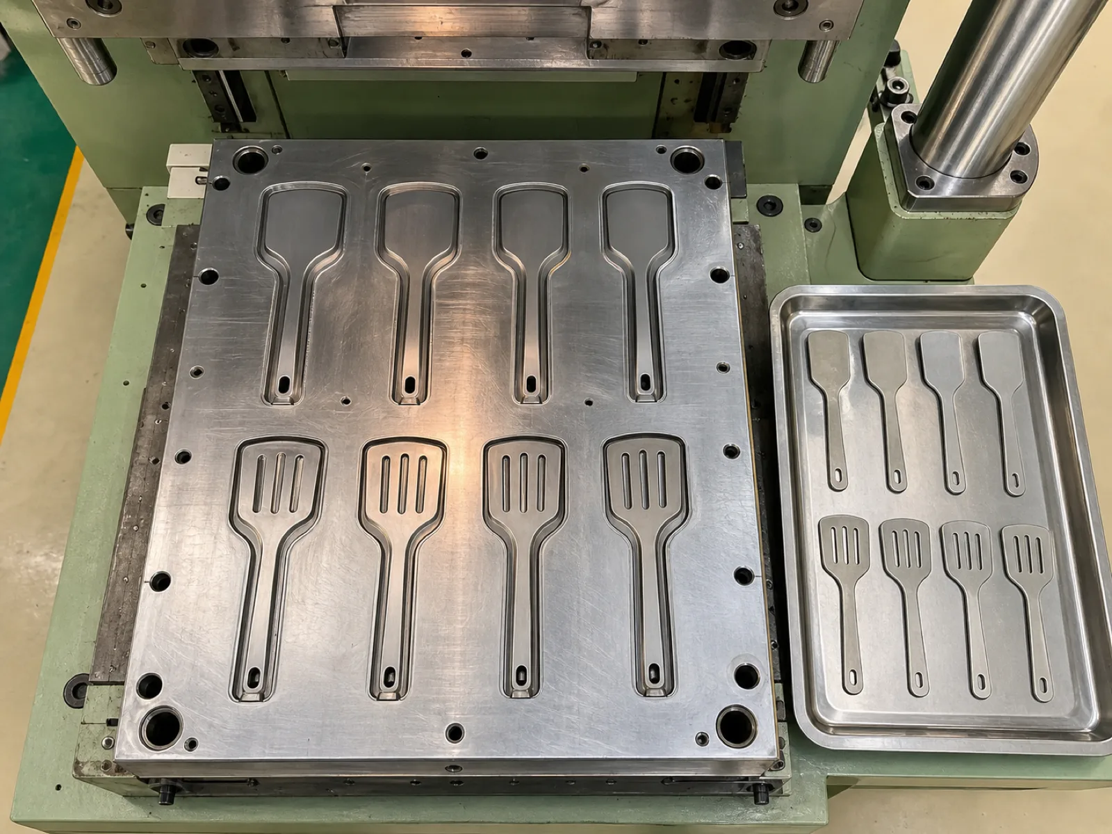 Overhead view of an 8-cavity compression mold for silicone kitchen utensils on the Wetop factory floor — spatula and turner cavities laid out symmetrically, stainless core inserts staged on the runner tray, hydraulic press column visible