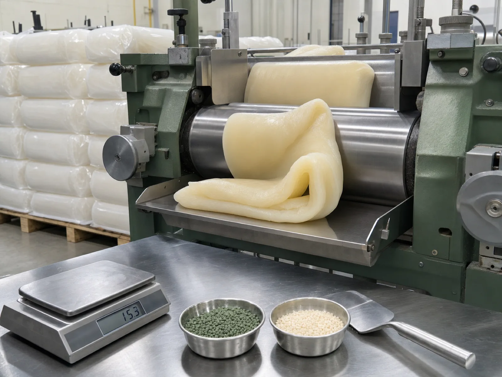 Wetop compound-mixing station preparing platinum-cured silicone gum stock for a kitchen utensils production batch — twin-roll mill with a Wacker Elastosil raw compound roll, pigment master-batch on the operator's bench, digital mass scale