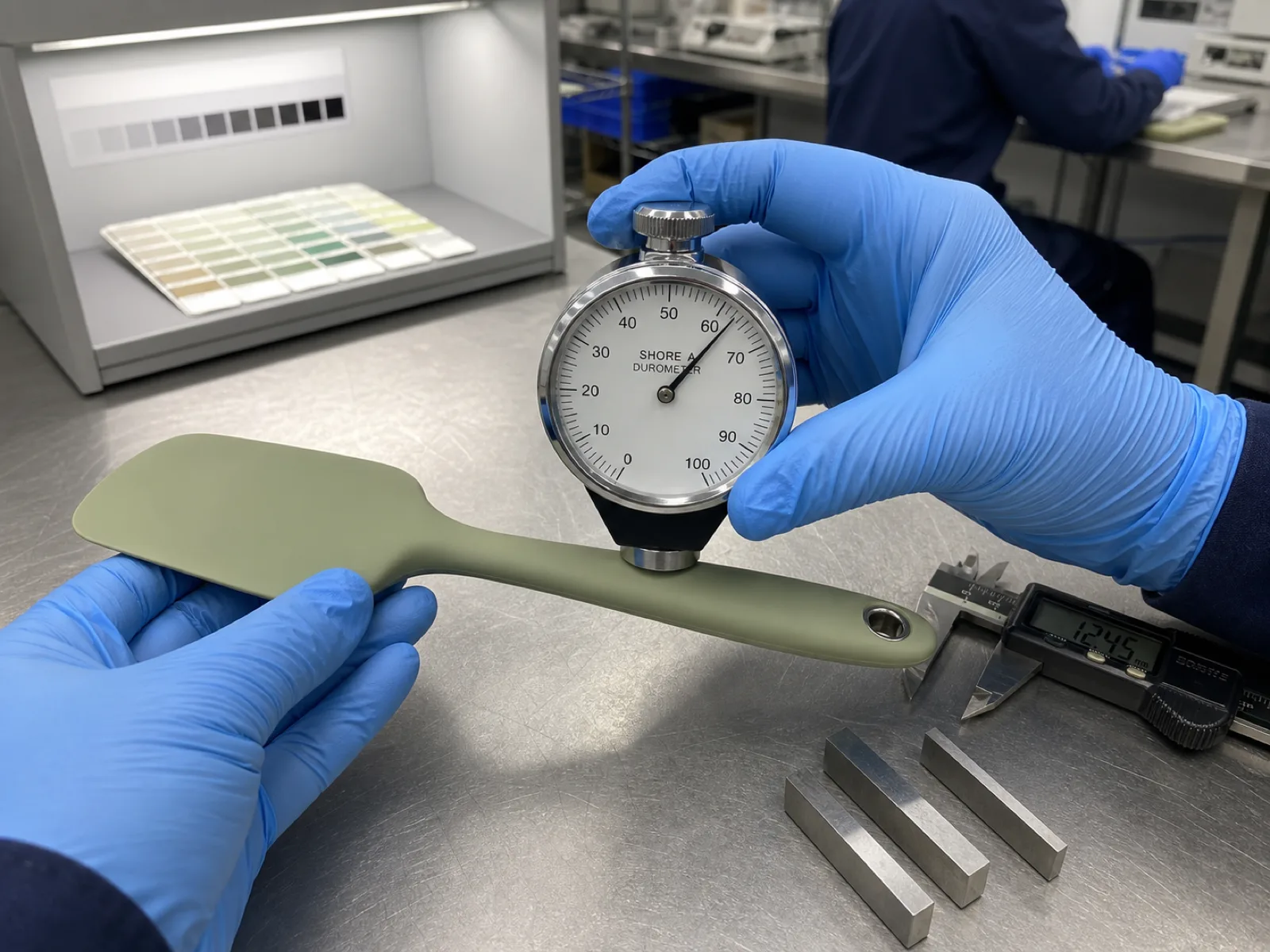 Wetop QC technician checking Shore A durometer on a freshly cured silicone spatula handle at the kitchen utensils QC station — analog durometer indicator visible, calipers and gauge blocks staged, D65 light box in the background
