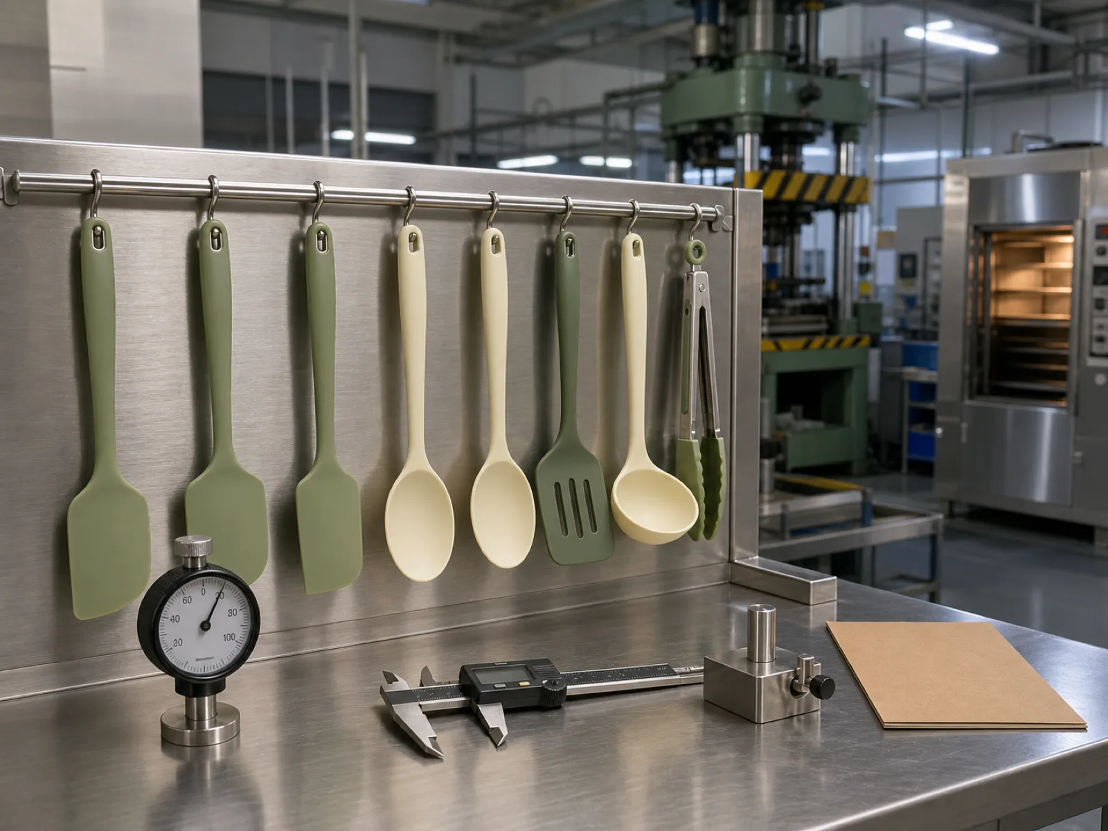Rack of platinum-cured silicone kitchen utensils — spatulas, spoons, ladles, tongs and turners — hanging on a stainless QC bench with a Shore A durometer, calipers, and a D65 inspection light in a Dongguan factory workshop
