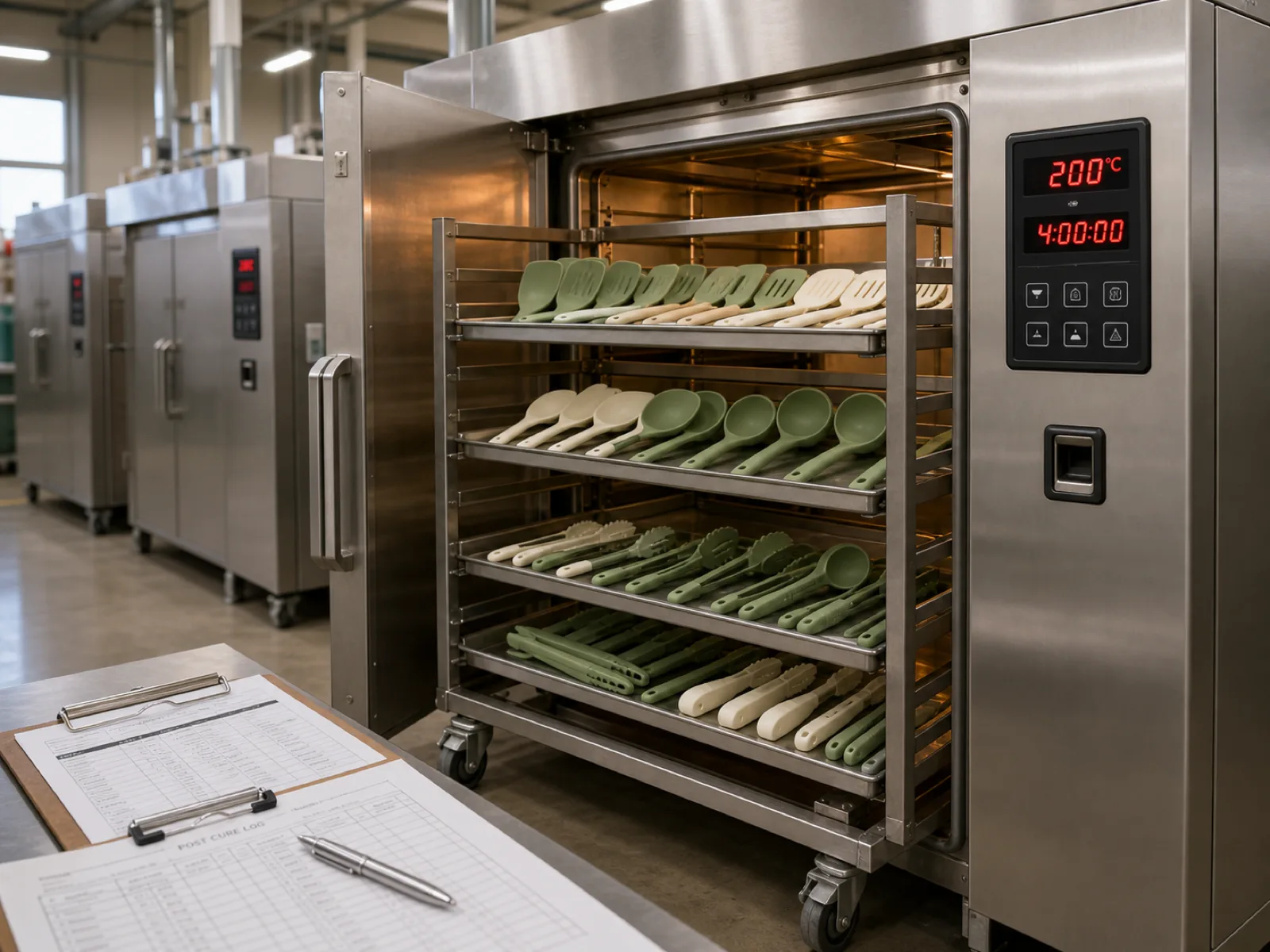 Rack of freshly molded silicone kitchen utensils entering a post-cure oven at 200°C for the 4-6 hour cycle that drives residual volatiles below the LFGB extractables limit — timestamped oven logs and batch traveler card in the foreground
