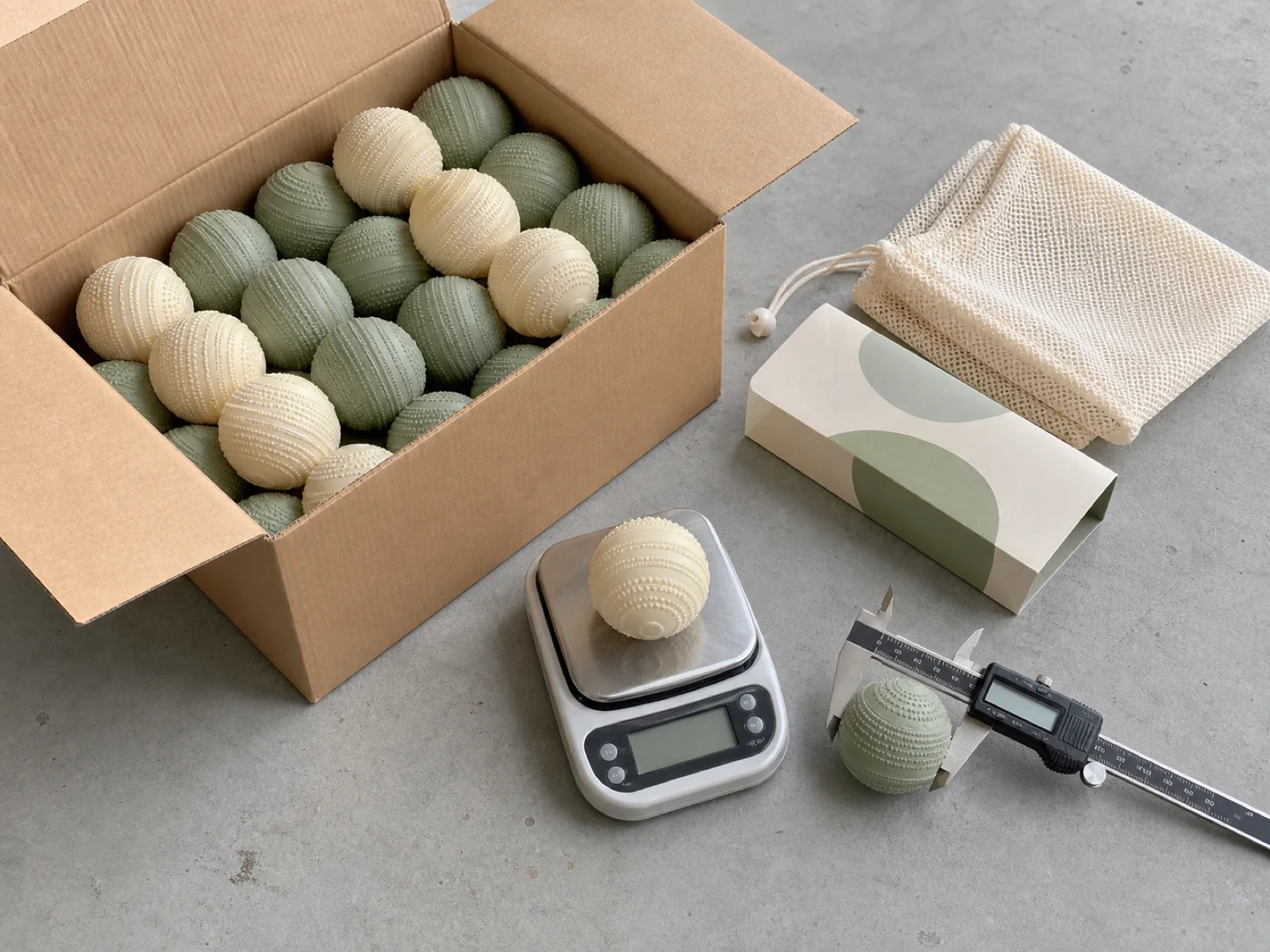 Packing-density check for a silicone laundry ball wholesale order on a QC bench — cream and sage reusable laundry balls nested in a kraft carton beside a mesh drawstring bag and a printed retail sleeve, a caliper and a scale measuring ball size and weight, staged on a neutral concrete workshop floor under daylight.
