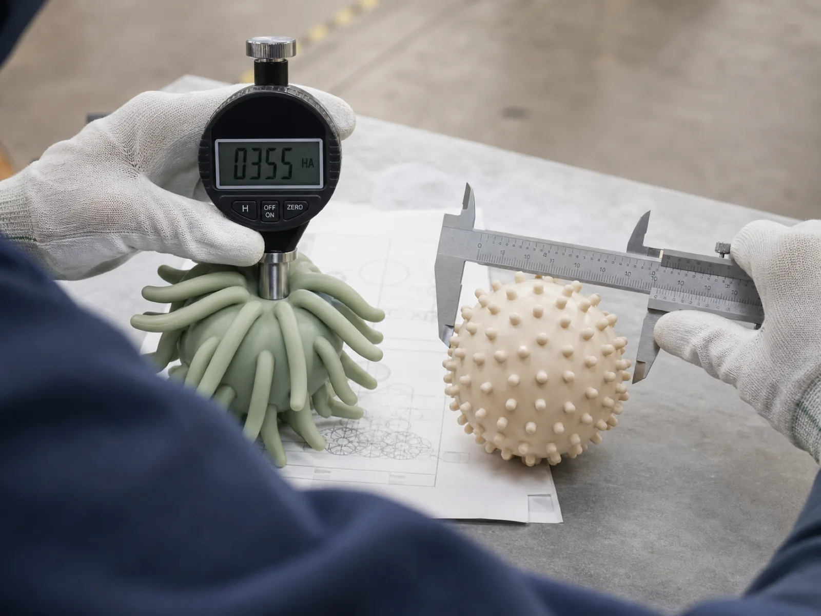 Shore A hardness verification of a silicone laundry ball on a QC bench — a durometer pressed into the soft flexible fingers of a sage anti-tangle washing ball reading in the mid-thirties, beside a firmer cream dryer ball and a caliper measuring its diameter, a technician's gloved hand steadying the parts against a spec drawing on a neutral concrete workshop floor.