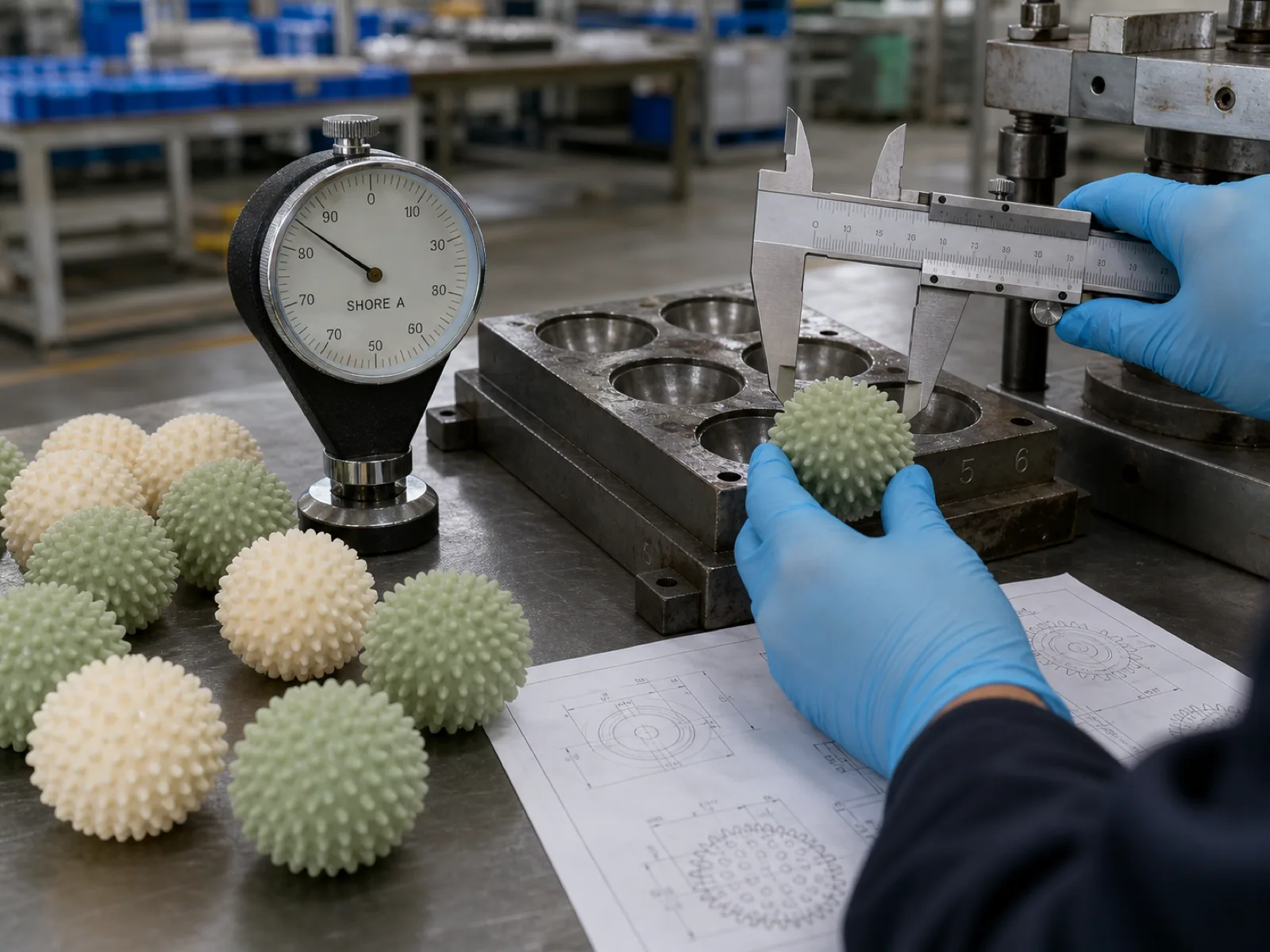 Silicone laundry ball wholesale samples on a QC bench at a Dongguan silicone factory — sage and cream spiky reusable laundry balls beside a durometer, a caliper measuring ball diameter, and a cavity-numbered compression mold, a technician's gloved hand steadying a freshly demolded ball against a spec drawing on neutral concrete.