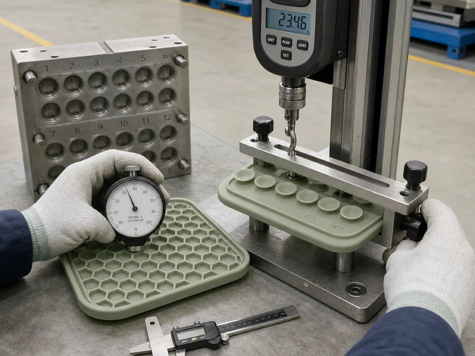 Durometer and suction-pull validation of a silicone lick mat on a QC bench — a durometer pressed into the raised honeycomb licking surface of a sage lick mat reading in the mid-forties, the mat's suction-cup underside clamped into a calibrated vertical pull-off rig with a force gauge, staged beside a depth gauge and a cavity-numbered compression mold on a neutral concrete workshop floor, a technician's gloved hand steadying the fixture.