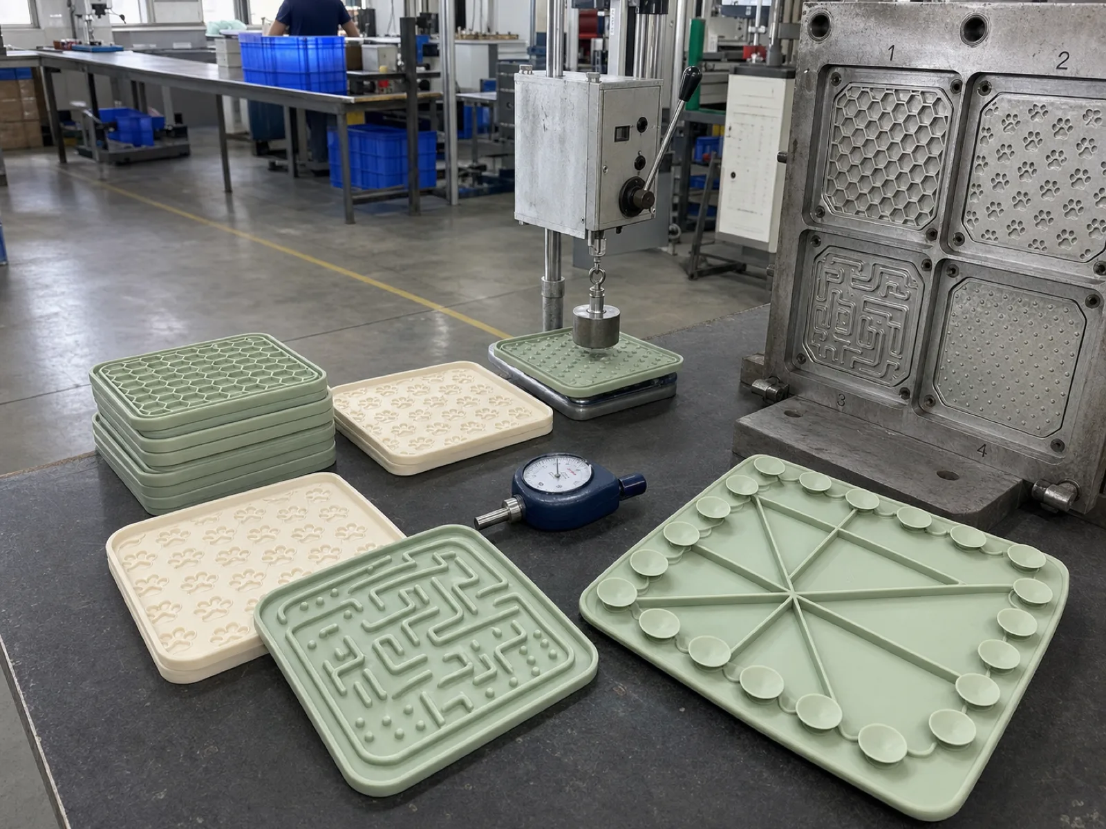 Silicone lick mat wholesale samples on a QC bench — sage and cream platinum-cured mats with raised maze, honeycomb, and paw-print textures and a perimeter of suction cups underneath, staged beside a durometer, a suction-pull rig, and a cavity-numbered compression mold on a Dongguan workshop floor.