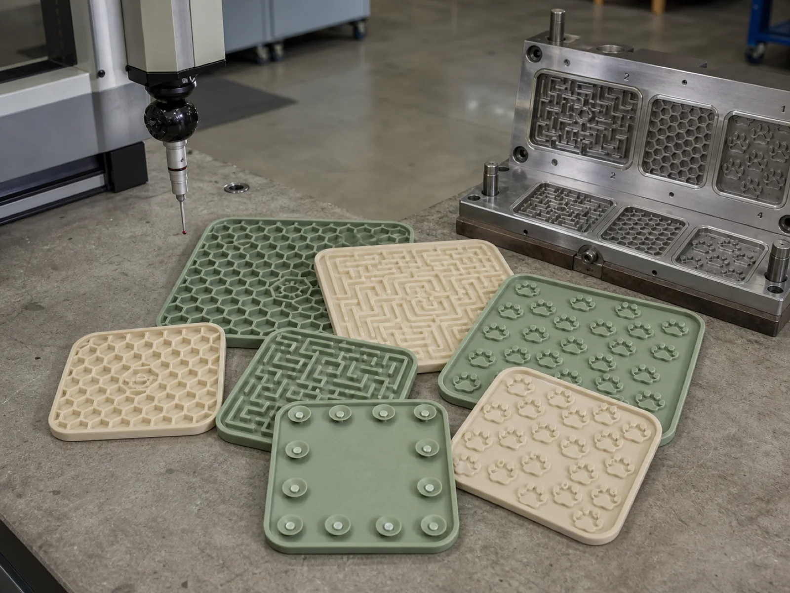 A wholesale lineup of platinum-cured silicone lick mats on a neutral concrete QC bench — an 8x8 in and a 10x10 in mat in cream and sage showing a maze/labyrinth texture, a honeycomb grid, and a paw-print motif with raised food-well rims, one mat flipped to show the perimeter ring of suction cups on the underside, staged beside a CMM probe and a cavity-numbered compression mold.