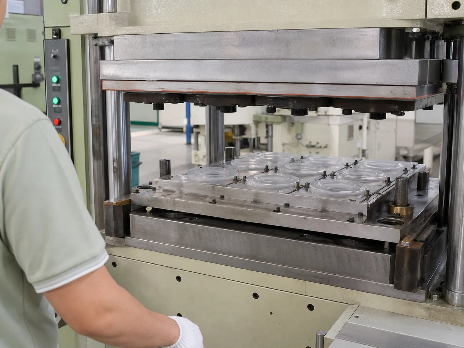 Wetop Silicone compression molding press mid-cycle with a multi-cavity mold curing a set of platinum-cured silicone stretch lids at 180°C under hydraulic clamp in Dongguan
