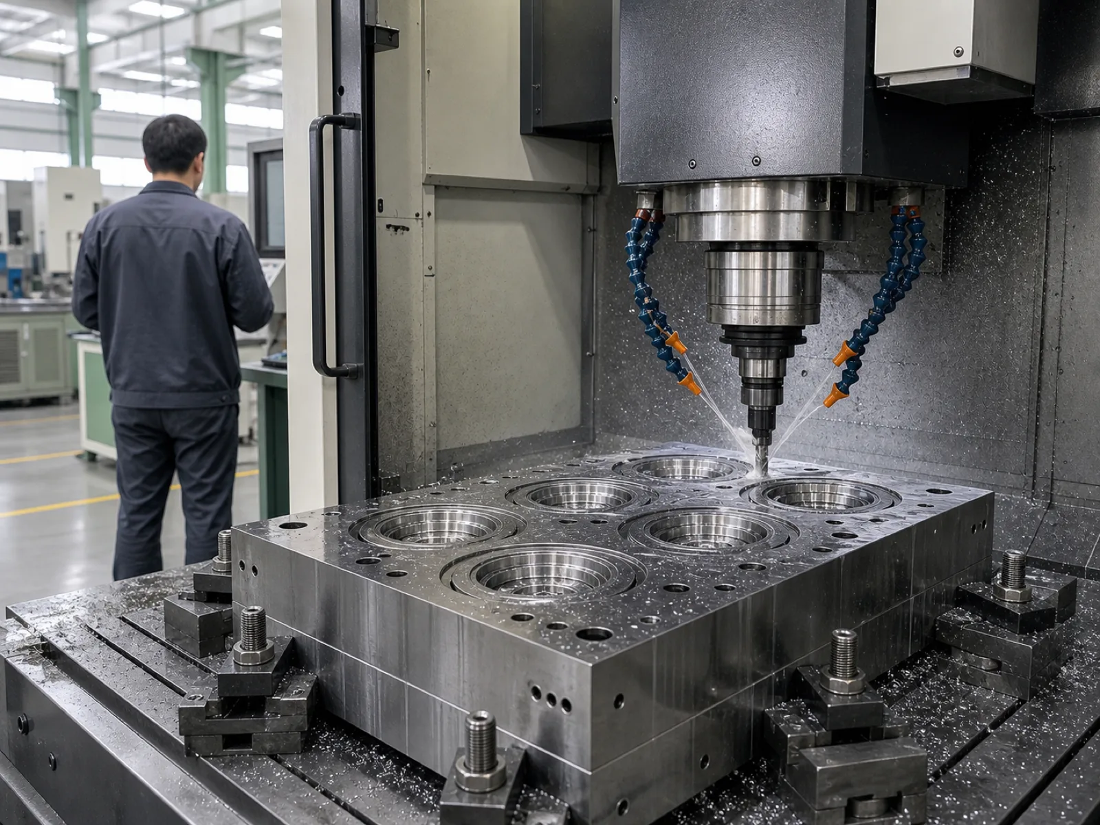 Wetop Silicone in-house mold-making CNC machining P20 steel tooling for a multi-cavity silicone stretch lid program, floor operator monitoring the spindle in Dongguan