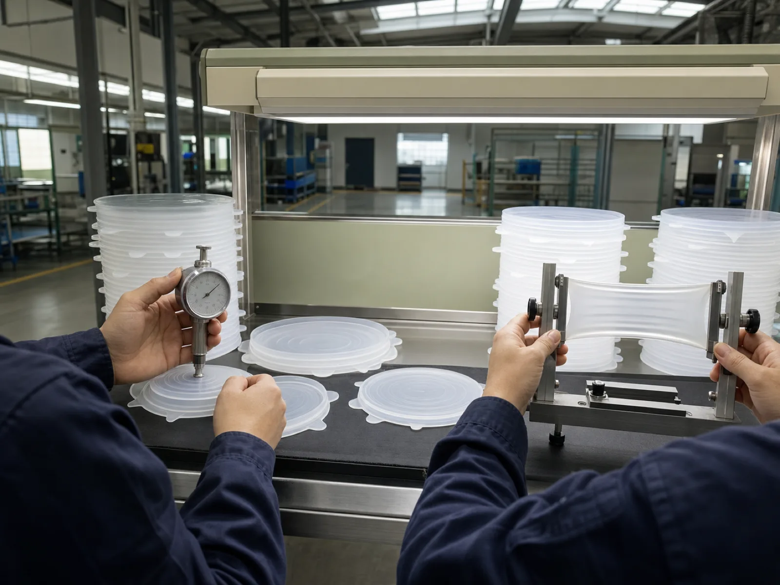 Wetop Silicone QC workshop with technicians running AQL inspection on a batch of silicone stretch lids using Shore A durometer, elongation gauge, and D65 daylight-simulation light in Dongguan