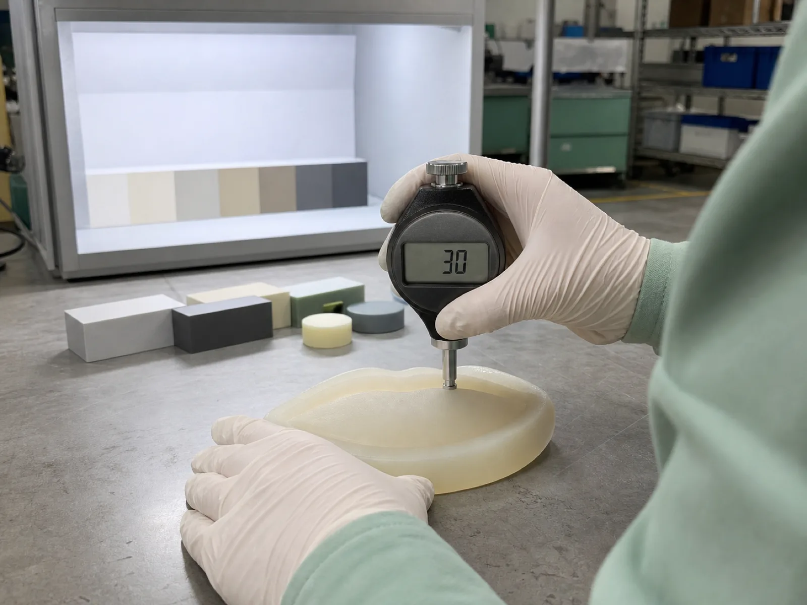 Silicone lip mask QC bench at Wetop — a Shore A digital durometer reading 30 pressed against a soft translucent cream lip patch, a technician's gloved hand steadying the sample, calibration blocks and a D65 light box color-check station visible behind, no faces.