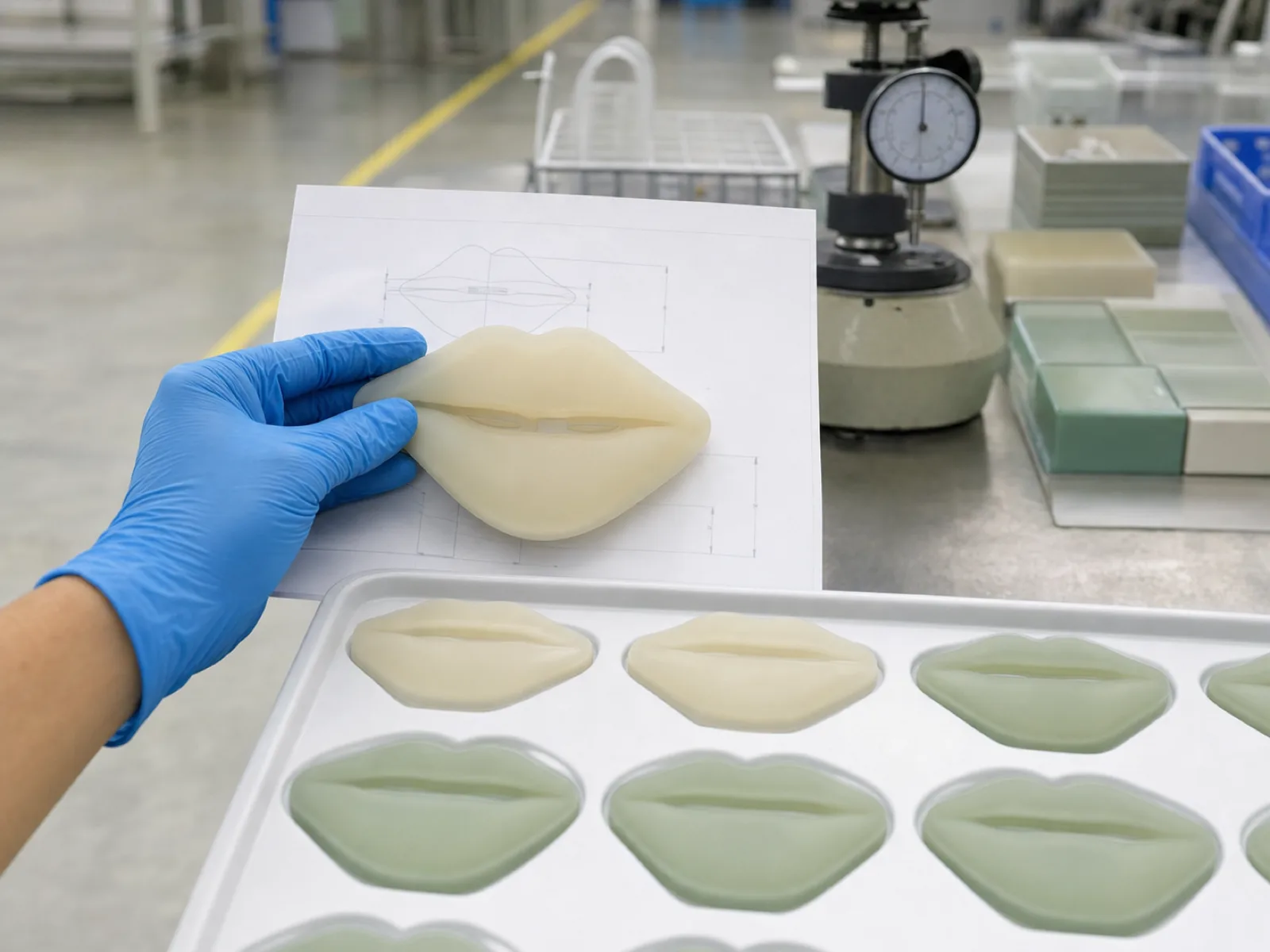 Reusable silicone lip masks staged on a QC bench at a Dongguan silicone factory — translucent cream and sage lip-shaped patches in a molded tray, a technician's gloved hand lifting one demolded patch against a spec drawing, durometer and color-match blocks in the background, no faces.