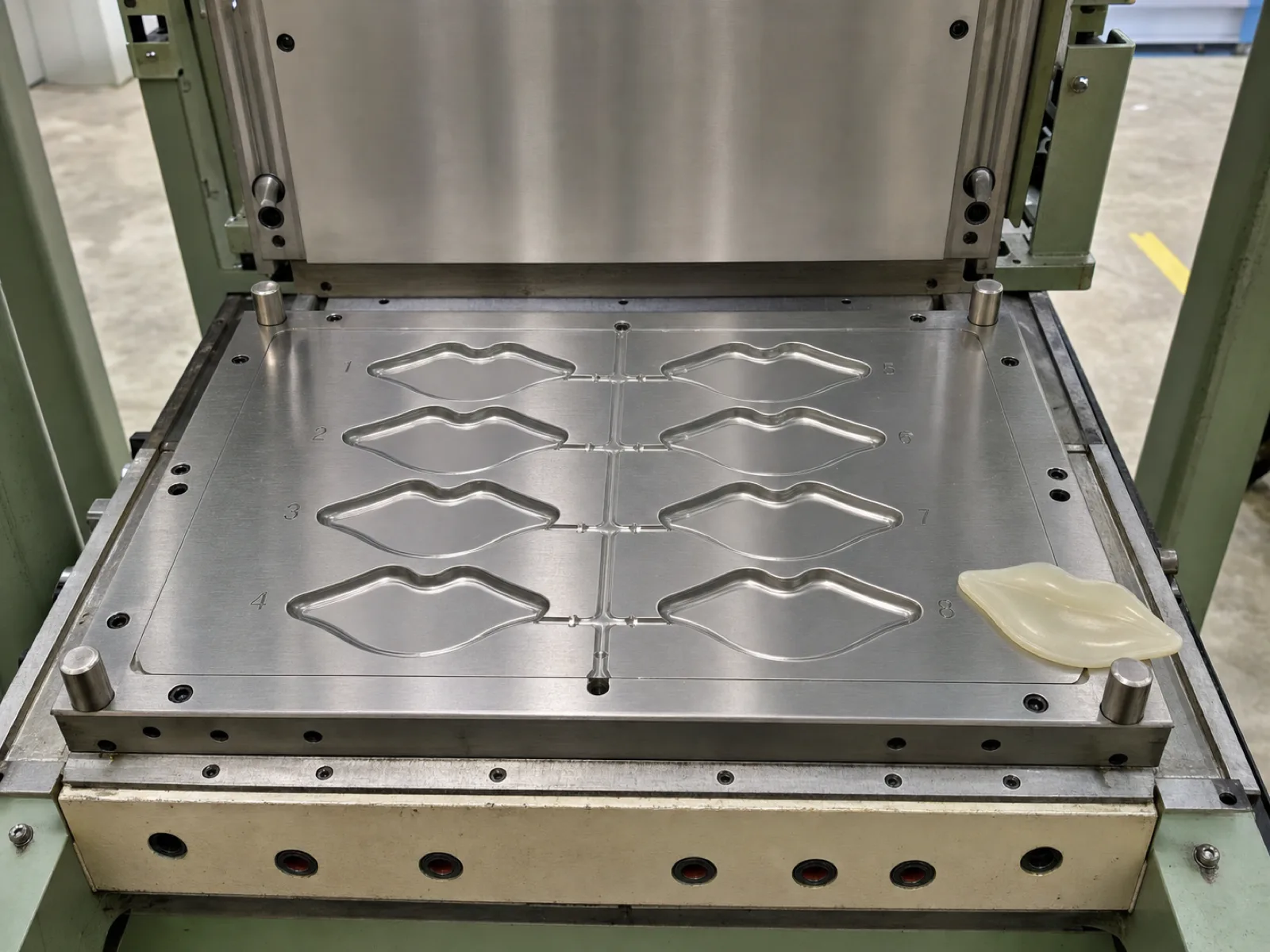Multi-cavity LSR injection mold for silicone lip masks on a Wetop press bed — a polished steel tool with eight lip-shaped cavities, each carrying an etched cavity ID number, a demolded translucent cream patch resting beside the open tool, sprue runners and the heated platen visible, no faces.