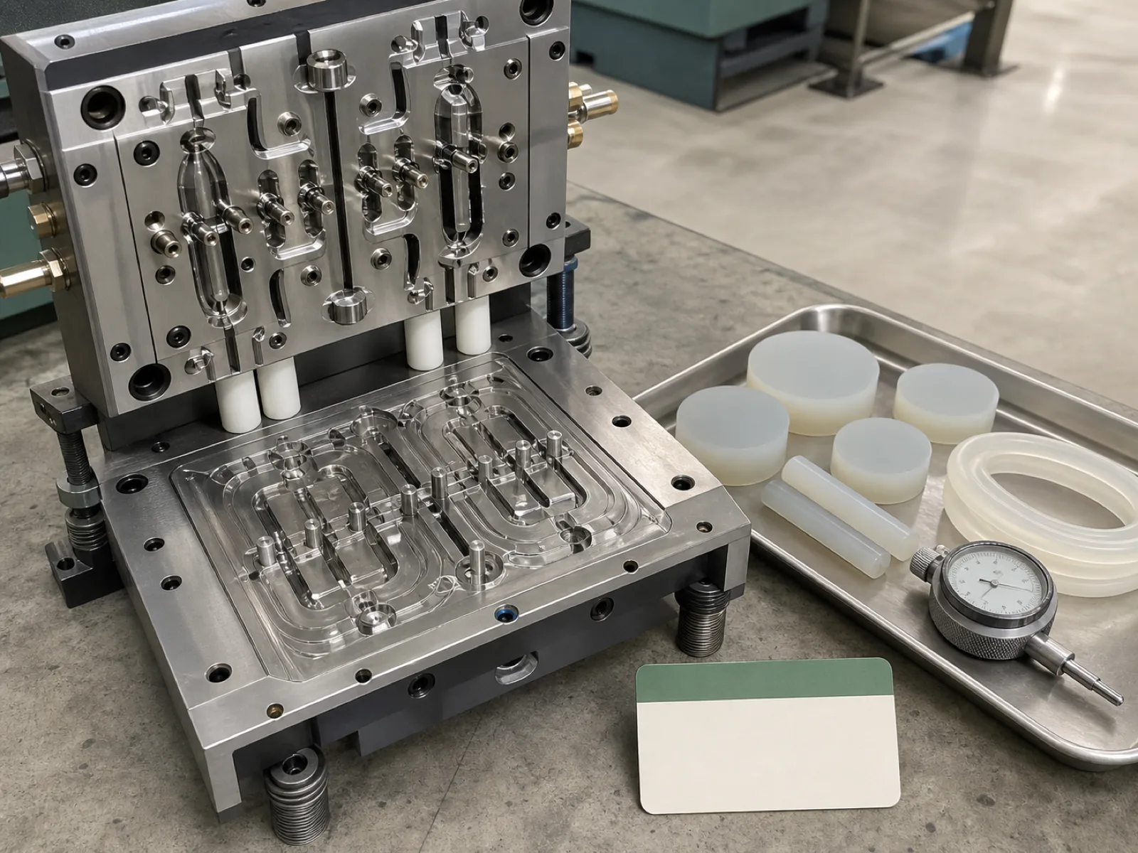 Silicone LSR injection molding cell showing Part A and Part B drum unloaders feeding a static mixer and chilled cold-runner manifold into a hydraulically clamped tool cavity at 180 degrees C, with servo-driven injection unit and lot-labeled receiving tray