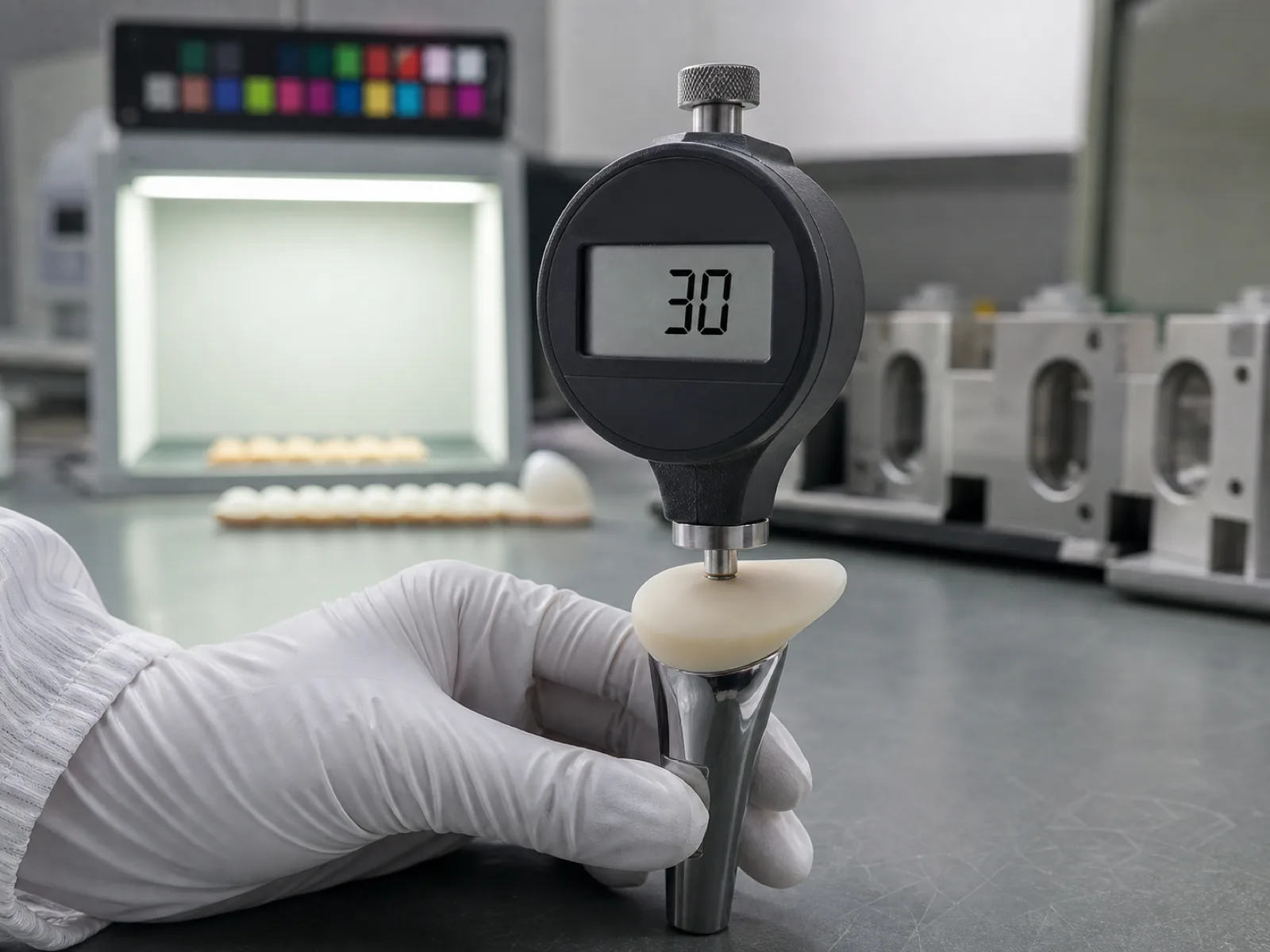 Silicone makeup brush QC inspection at Wetop — a Shore A digital durometer reading 30 pressed onto the soft cream-colored tip of a molded silicone foundation applicator head, engineer's gloved hand steadying the sample, a D65 light box color-check station and cavity calibration blocks visible in the blurred background.