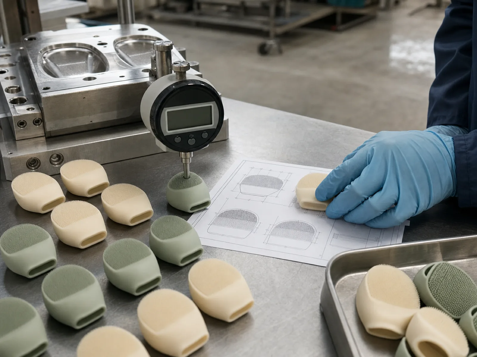 Silicone makeup brush OEM samples staged on a QC bench in a Dongguan silicone factory — cream and sage-colored molded silicone applicator heads with fine tapered bristle rows, a digital Shore A durometer resting on a soft tip, engineer's gloved hand aligning a demolded brush head against a cavity spec drawing.