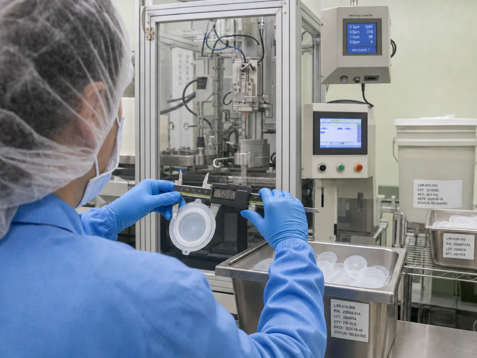 ISO Class 7 cleanroom LSR injection molding cell producing platinum-cured silicone medical components, technician in blue gown at the press verifying a molded diaphragm against calipers, overhead particle counter and material traceability labels visible