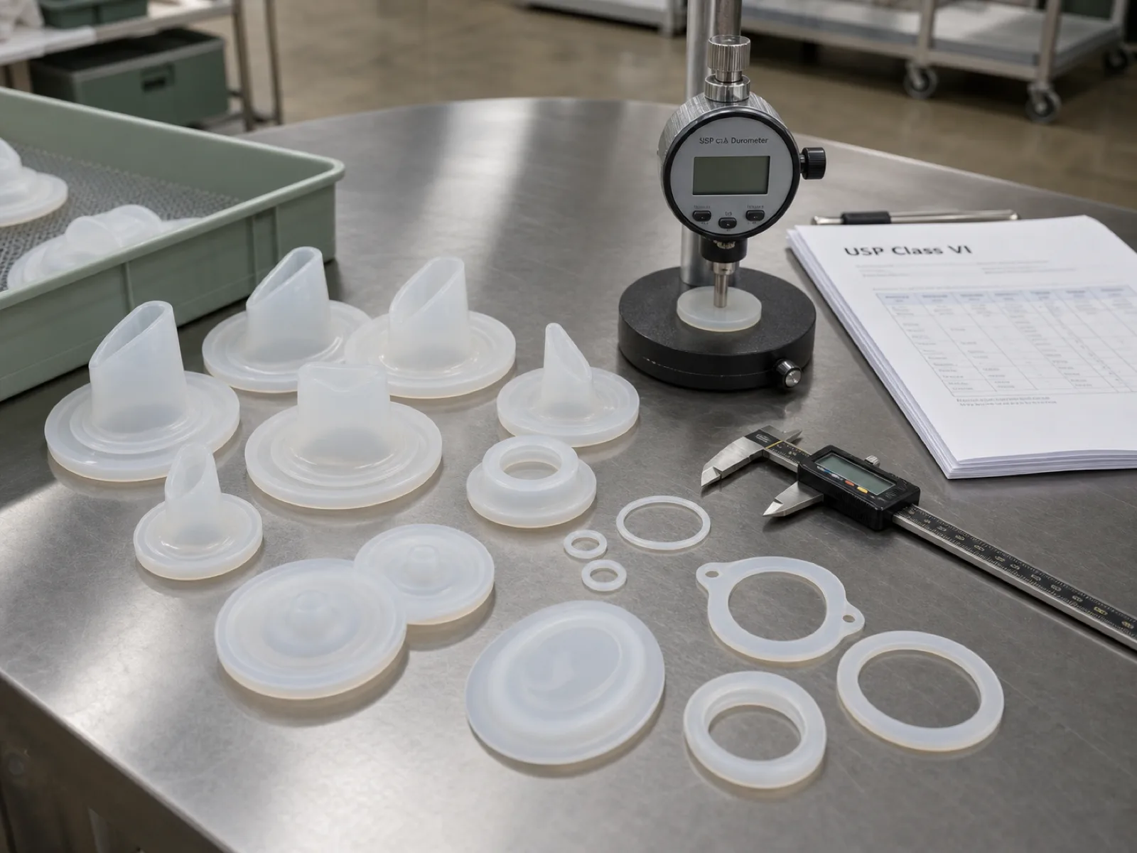 Platinum-cured silicone medical device components — duckbill valves, sealing diaphragms, and gaskets — laid out on a stainless QC bench beside a Shore A durometer, digital calipers, and a USP Class VI test report packet under D65 cleanroom light