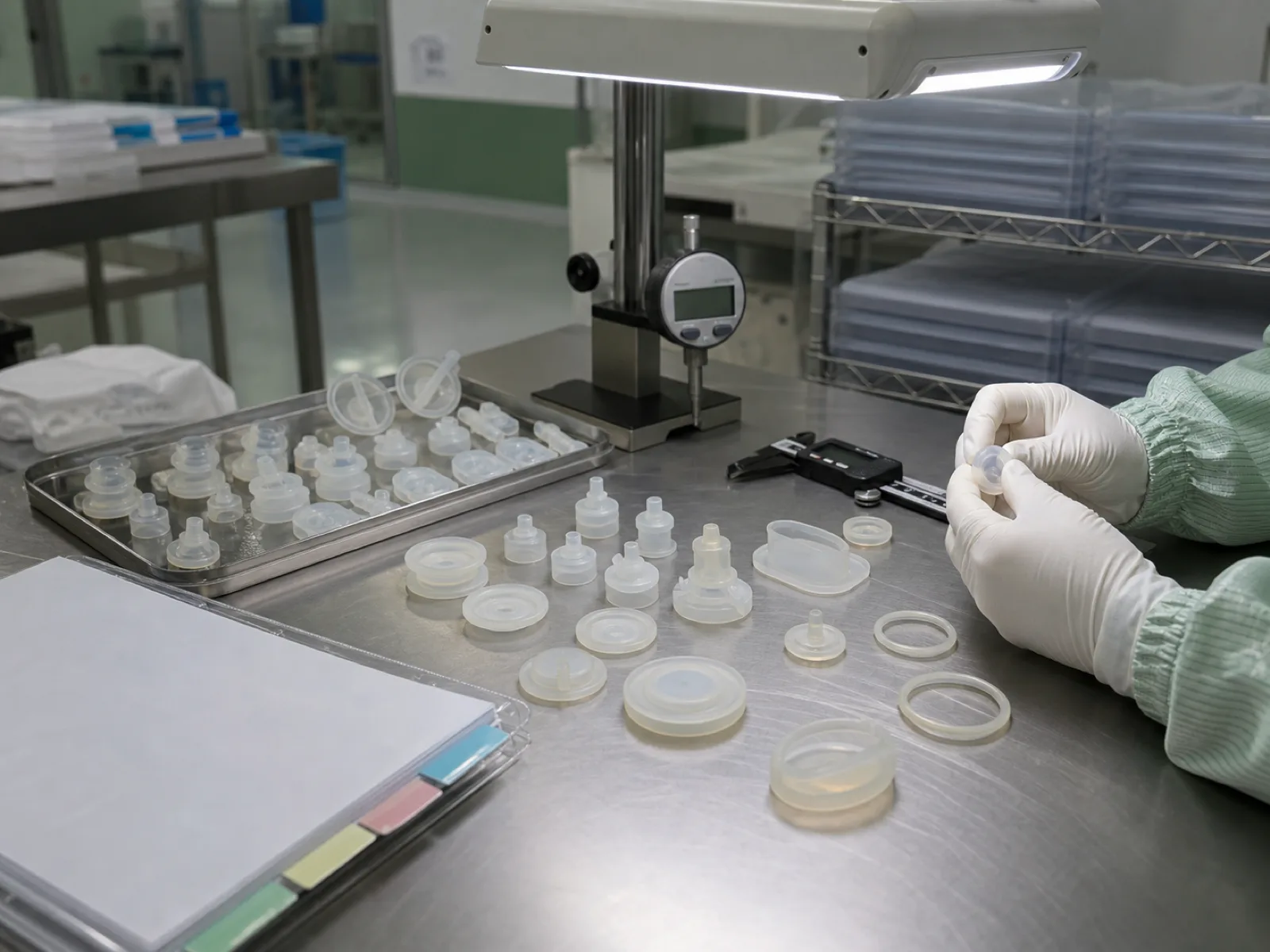 Platinum-cured silicone medical device components — seals, valves, and duckbill diaphragms — arranged on a stainless QC bench beside a Shore A durometer, digital calipers, and a USP Class VI test report packet under D65 inspection light in a Dongguan cleanroom