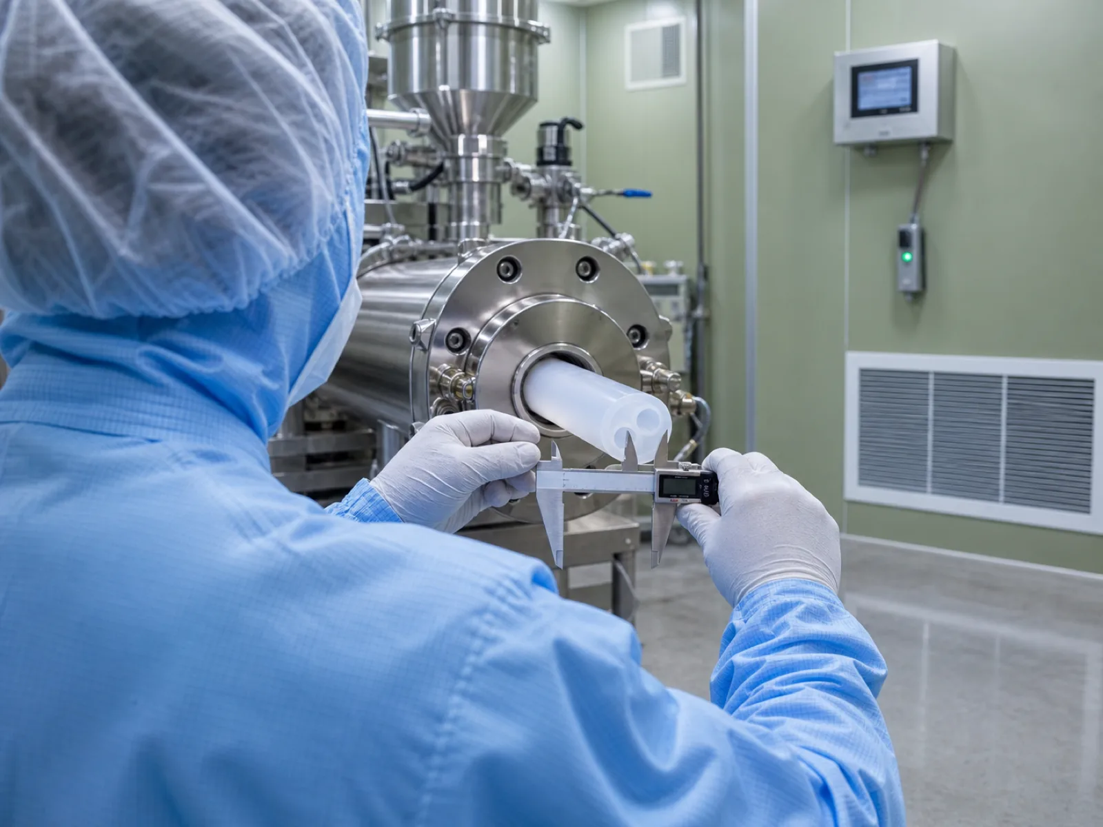 ISO Class 7 cleanroom silicone medical tubing extrusion cell with technician in blue gown at the multi-lumen die head verifying wall concentricity on OD gauge, particle counter mounted overhead