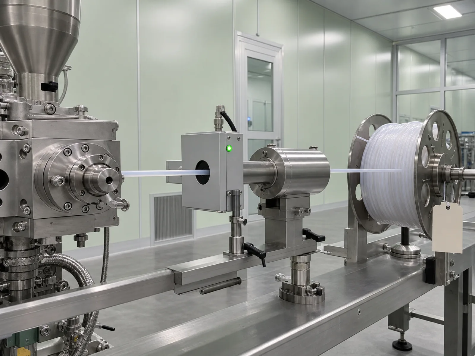 Platinum-cured silicone medical tubing exiting a horizontal extrusion die into a laser gauge and pull-through calibration station, coiled on a stainless take-up reel under Class 7 cleanroom light