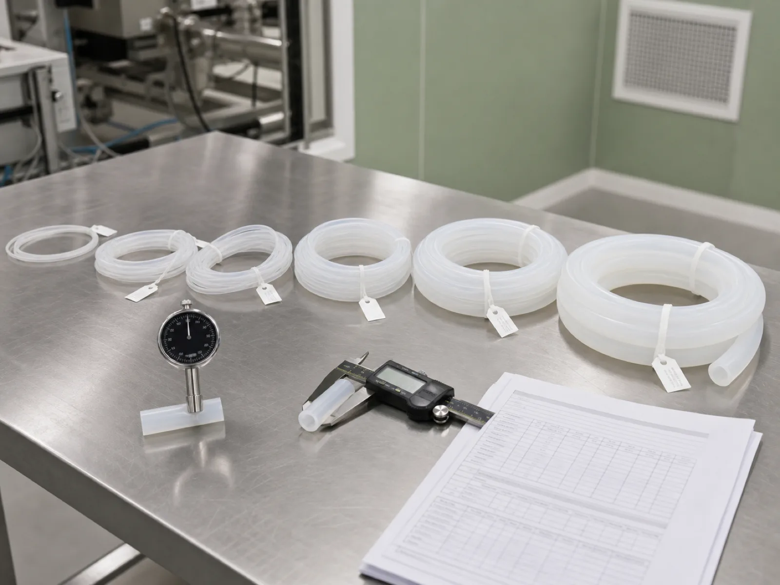 Platinum-cured silicone medical tubing coils in graduated diameters on a stainless QC bench next to a Shore A durometer, digital calipers, and a Certificate of Conformance packet under D65 inspection light in Dongguan