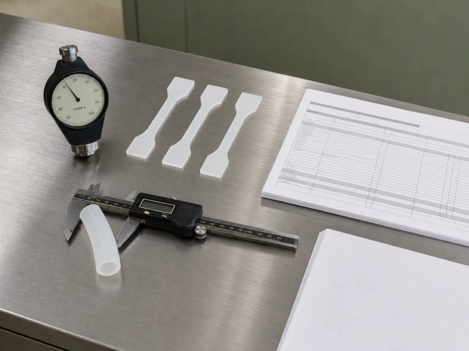 Silicone medical tubing QC bench with Shore A durometer, ASTM D412 tensile dog-bone specimens, digital calipers verifying OD to ISO 3302-1 class E1, and a Certificate of Analysis packet with USP Class VI test report cover