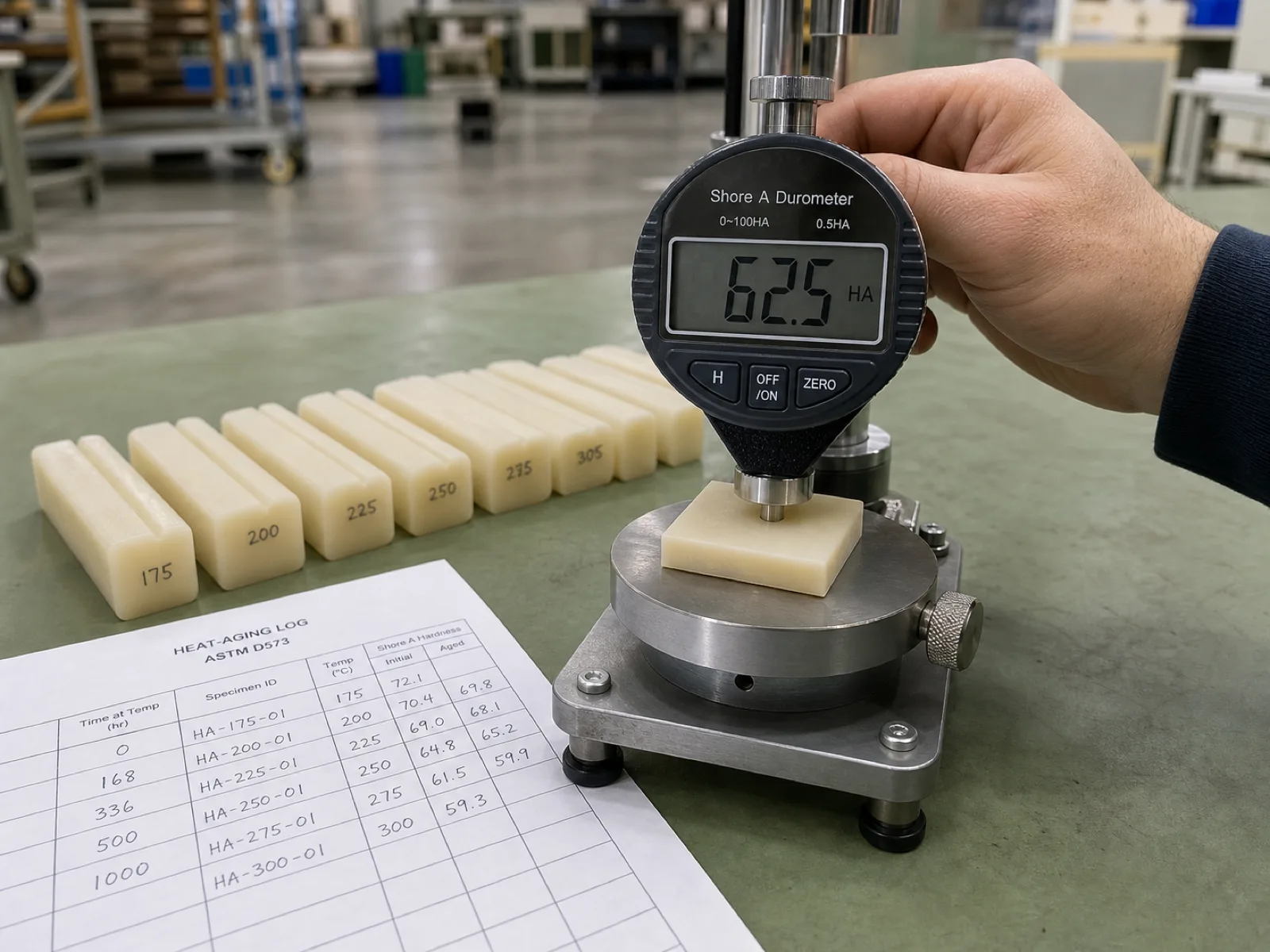 Digital Shore A durometer pressing into a heat-aged platinum-cured silicone coupon on a calibration jig, a row of graduated cream silicone samples and a printed ASTM heat-aging log beside it on a sage QC bench, natural D65 workshop lighting, Dongguan factory, back of a technician's hand only