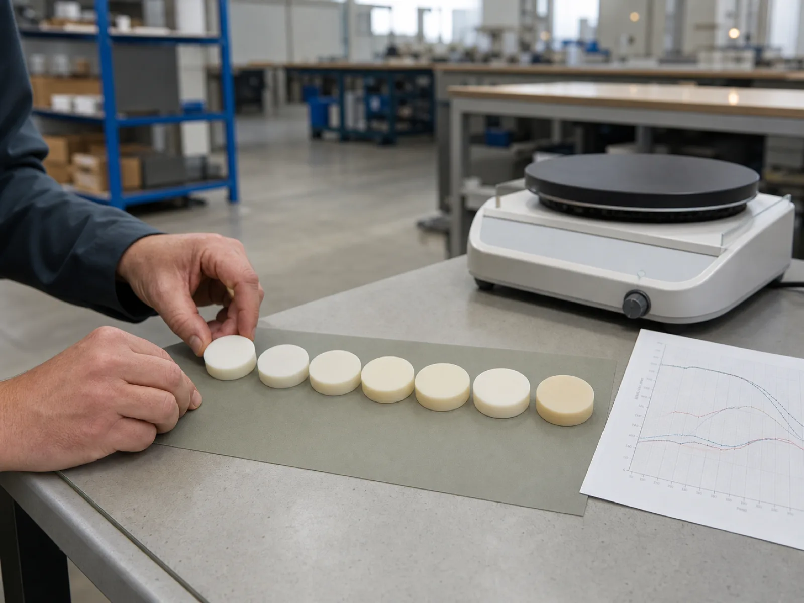 QC technician's hands arranging graduated platinum-cured silicone durometer samples beside a lab hot-plate and thermal-analysis printout on a sage QC bench, matte-satin cream silicone coupons staged for heat-aging verification under D65 workshop lighting in a Dongguan factory