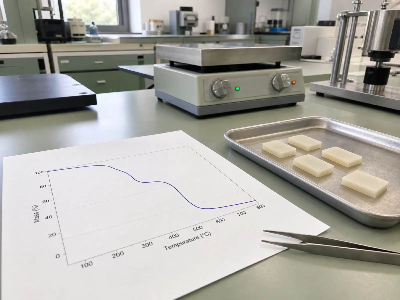 Thermal-analysis workstation with a printed thermogravimetric mass-loss curve and small platinum-cured silicone coupons on a sample tray beside a lab hot-plate, sage QC bench under D65 workshop lighting in a Dongguan silicone factory, no melted material visible