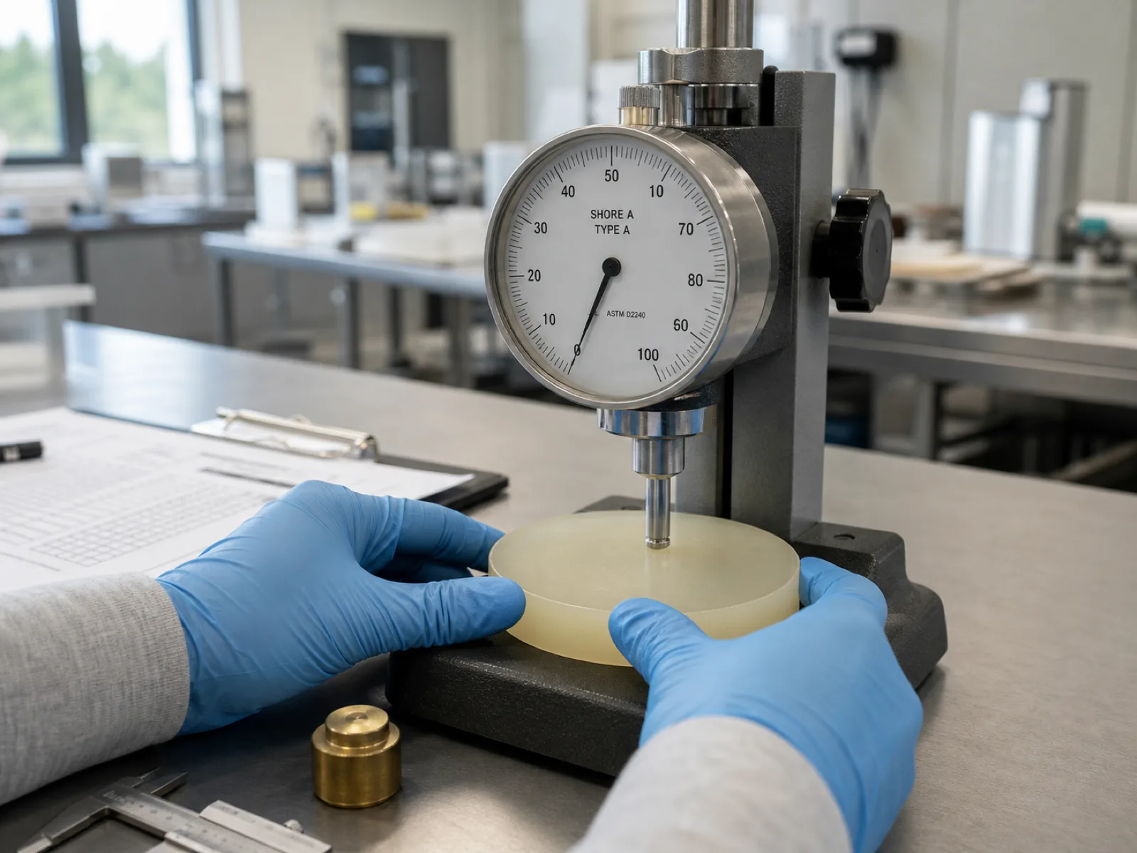 Shore A durometer QC bench at a silicone menstrual cup manufacturer — a technician's gloved hands positioning a platinum-cured silicone witness sample under the Type A gauge, target reading 65 within a ±3 Shore A control limit