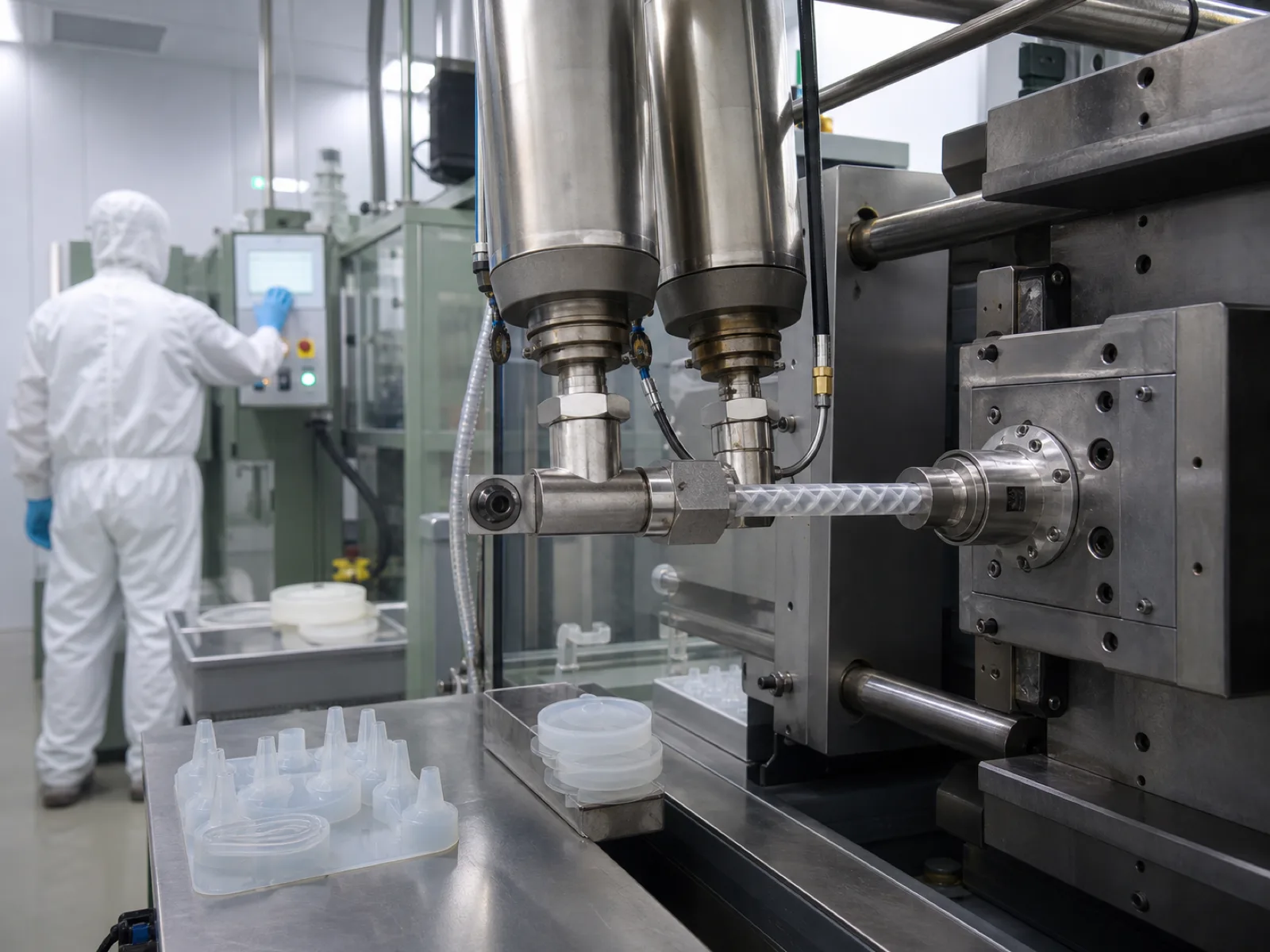 Cleanroom LSR injection cell at a silicone menstrual cup manufacturer — metering pumps dose platinum-cured Part A and Part B into a stainless mixer feeding a heated mold under ISO Class 8 conditions