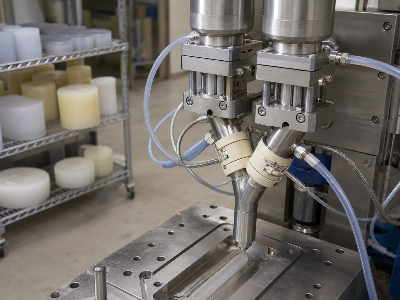 Cleanroom LSR injection cell metering platinum-cured Part A and Part B into a static mixer feeding a heated mold — the process a silicone menstrual cup manufacturer runs under ISO Class 8 conditions with no visible operators
