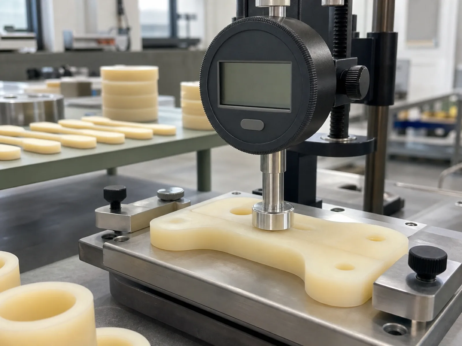 Digital Shore A durometer with a precision indenter foot pressing into a batch of matte-satin cream custom silicone molded parts on a calibration jig, secondary bench holding ASTM D412 dumbbell tensile specimens and compression-set spacers, natural D65 workshop lighting on a sage-toned QC bench in a Dongguan factory