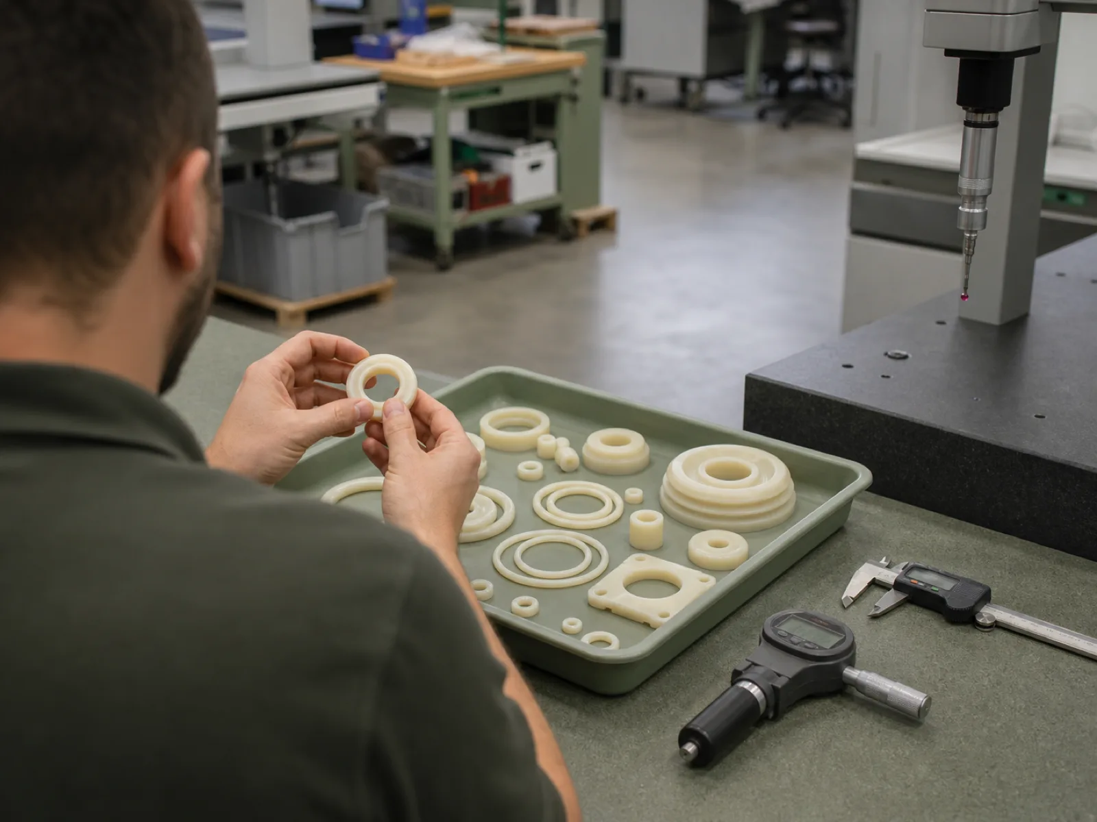 QC technician inspecting a tray of custom silicone molded parts — gaskets, seals, and bushings in matte-satin cream platinum-cured silicone — on a sage QC bench with digital calipers, a Shore A durometer, and a CMM probe under D65 workshop lighting in a Dongguan factory