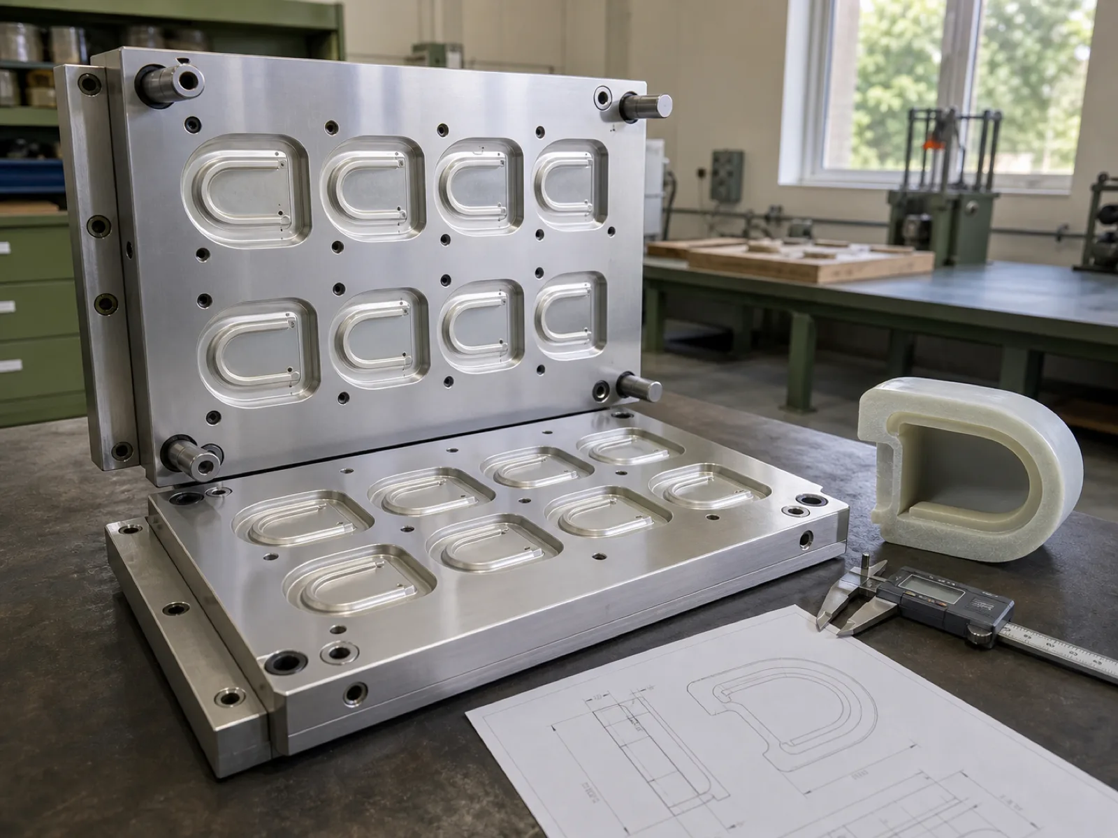 Open multi-cavity compression mold for custom silicone molded parts on a workbench, polished aluminum cavity plates showing eight seal-profile impressions, a sectioned matte-satin platinum-cured silicone part beside the tool next to calipers and a printed drawing, natural workshop daylight on a neutral concrete floor in a Dongguan factory