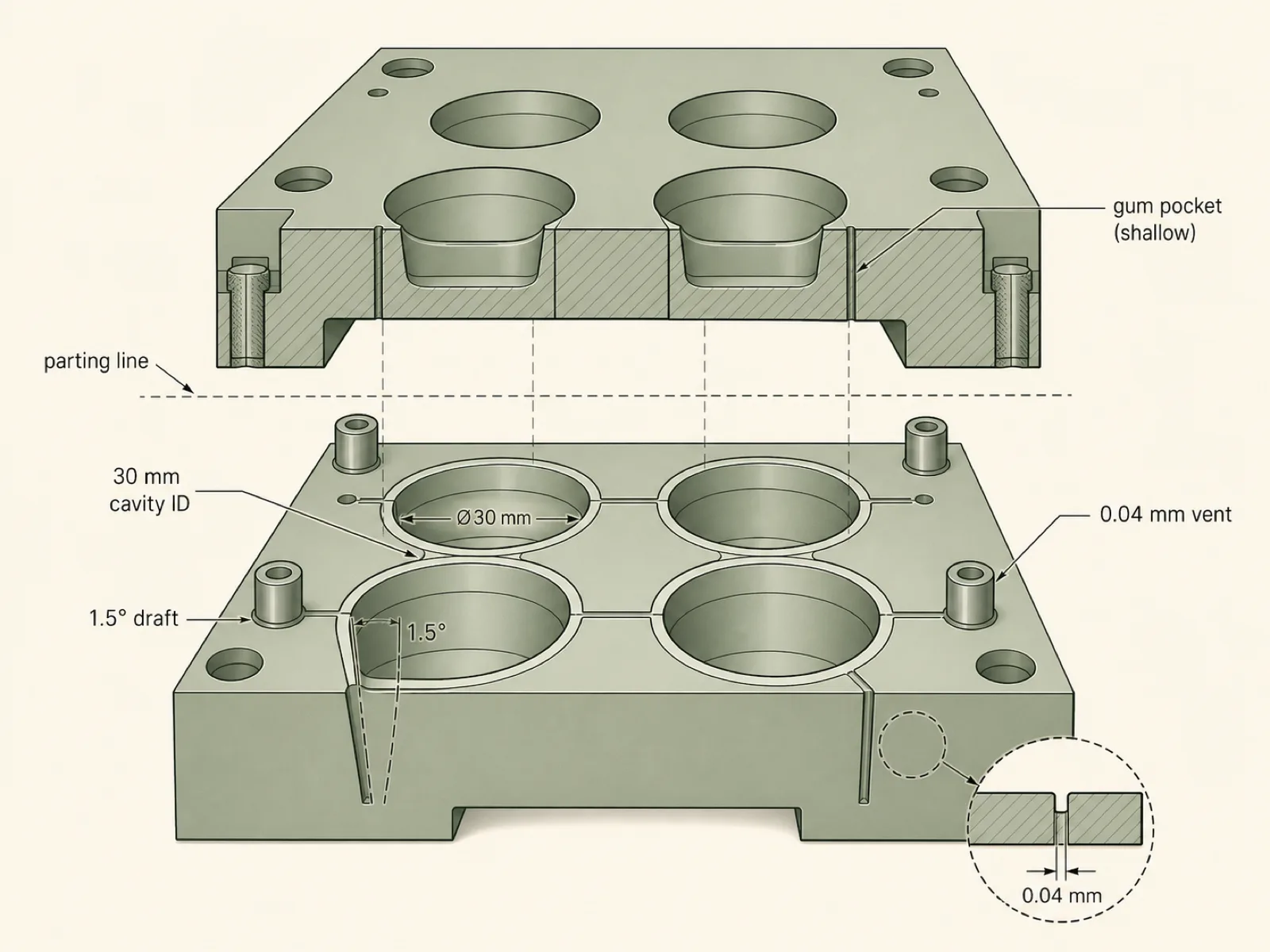 Cross-section CAD view of a four-cavity silicone O-ring compression tool at Wetop — steel core and cavity halves with 0.04 mm vent lands at the parting line, 1.5° draft on the sidewall, and a runner-less cold sprue for HCR pre-forms