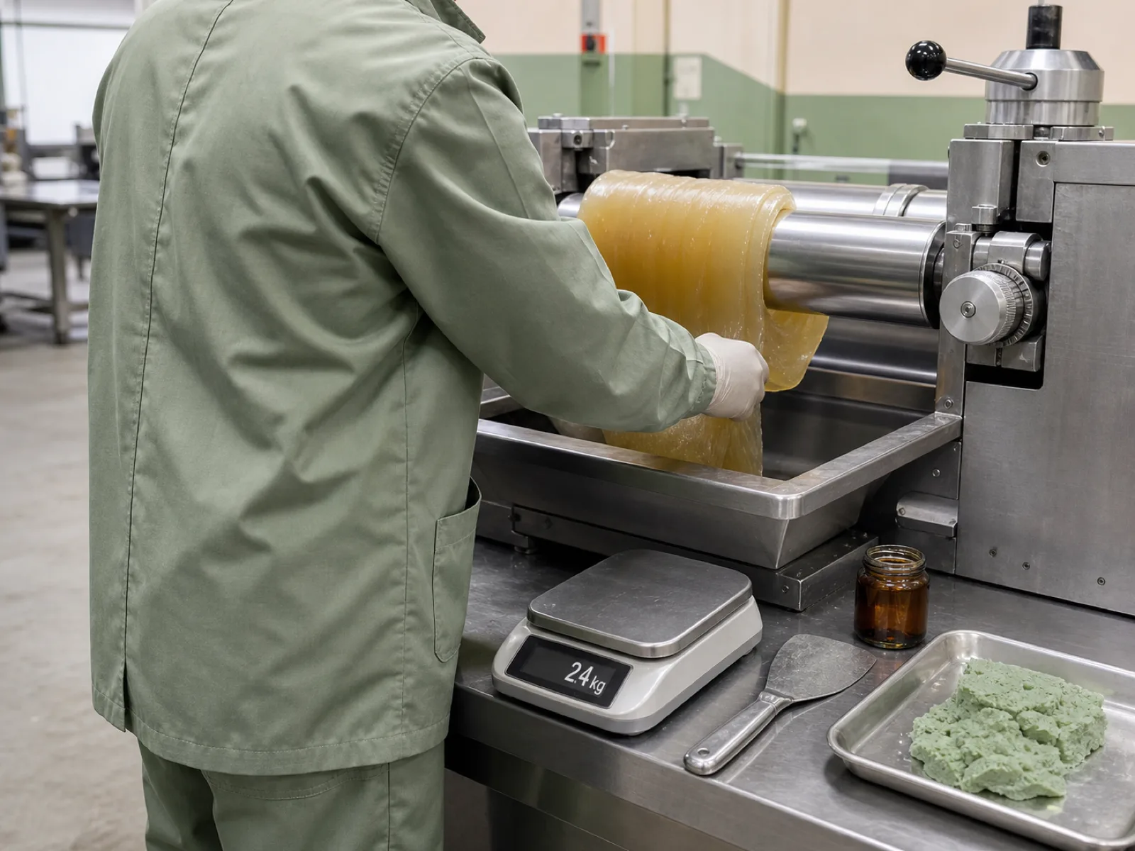 Silicone compound mixing at Wetop's Dongguan factory — a technician weighs pigment master-batch on a calibrated scale before dispersing into HCR silicone gum on a two-roll mill, with the platinum catalyst added at the final pass to control the working pot-life