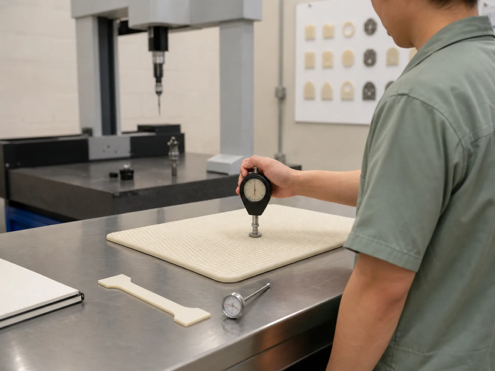 Post-cure QC bench at Wetop — a technician verifies Shore A durometer against ASTM D2240 on a silicone drying mat sample pulled from the post-cure oven, with the CMM measurement station and defect reference board visible in the background