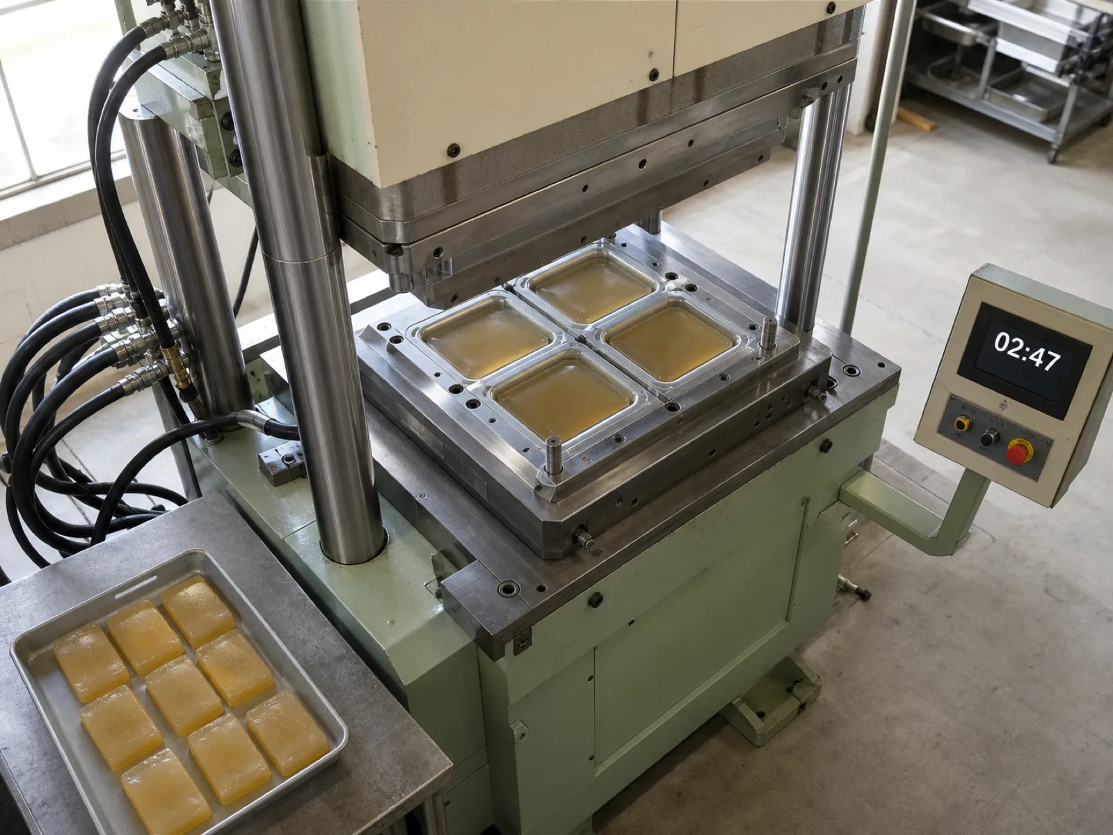 Overhead view of a hydraulic silicone compression press mid-cycle at Wetop's Dongguan factory — HCR gum sheet loaded into a four-cavity steel tool, curing a food-contact silicone part at 175°C