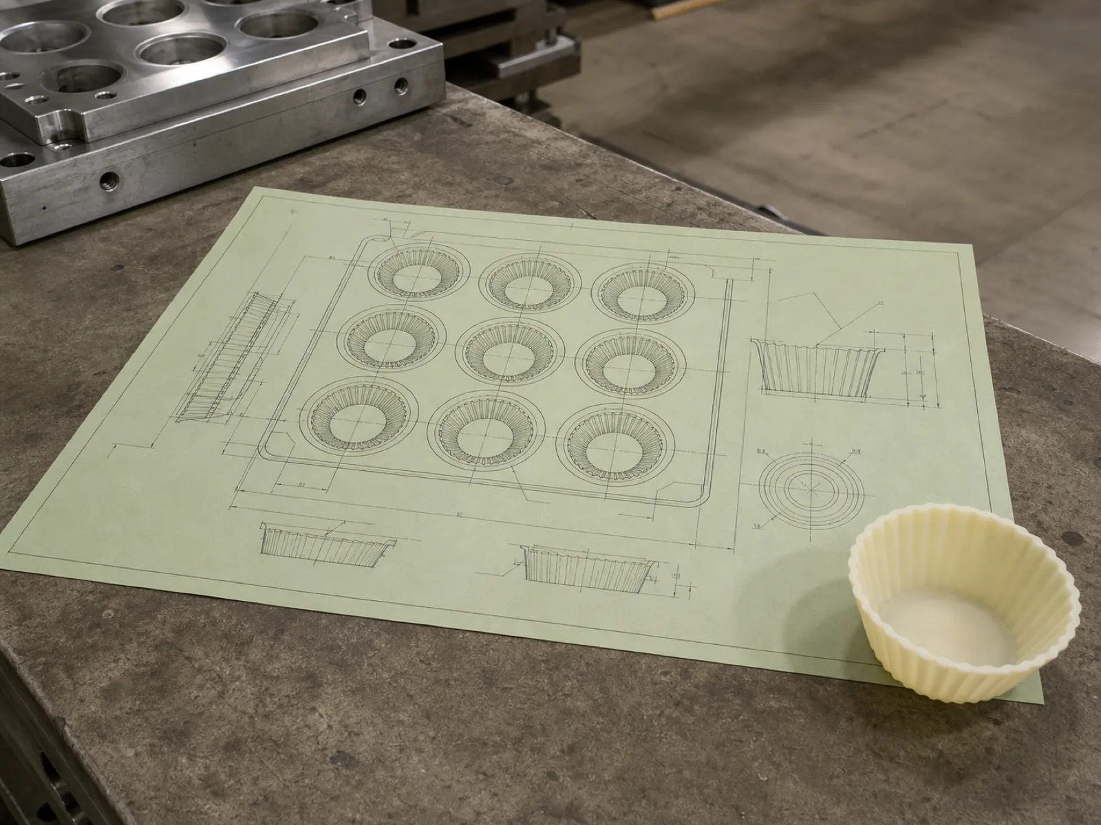 Engineering CAD cavity-map overlay of a multi-cavity silicone muffin cup mold at a Wetop tooling shop, annotated with fluted-wall geometry, demold-angle taper, and fill-line deboss detail, printed on a sage-toned drafting sheet beside a cream sample cup on a concrete bench.