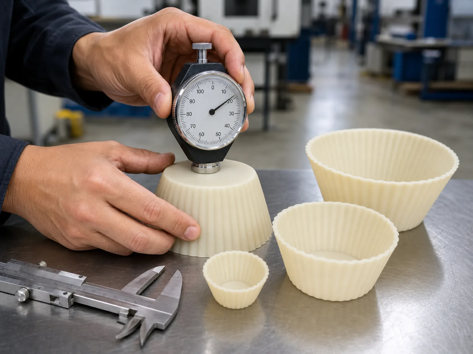 Quality-control technician measuring Shore A hardness with a durometer on a cream platinum-cured silicone muffin cup at a Wetop QC bench, with mini, standard, and jumbo cups and a dimensional caliper arranged on the stainless surface under D65 workshop lighting.