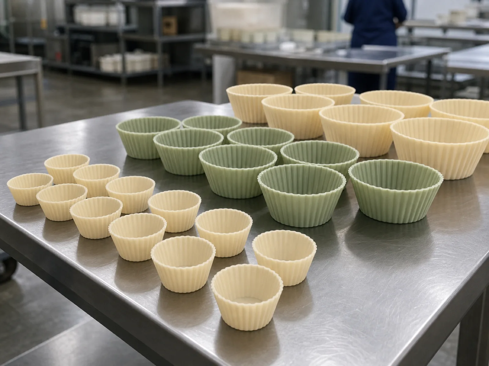 Set of cream and sage platinum-cured silicone muffin cups arranged in mini, standard, and jumbo sizes on a stainless quality-control bench at a Dongguan factory under D65 workshop lighting, showing matte food-grade surfaces and fluted release walls.