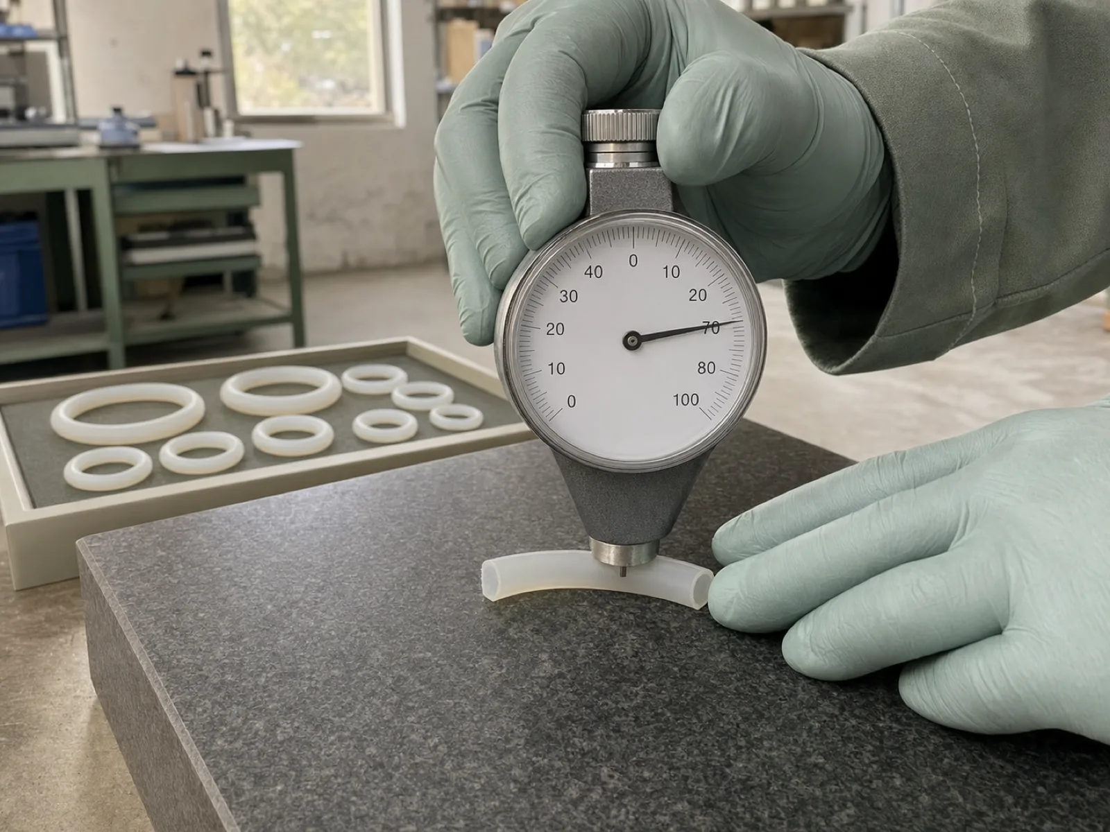 Technician measuring Shore A hardness on a platinum-cured silicone O-ring cross-section with a Type A durometer showing 70 on the dial, silicone O-ring size chart reference sample staged behind.
