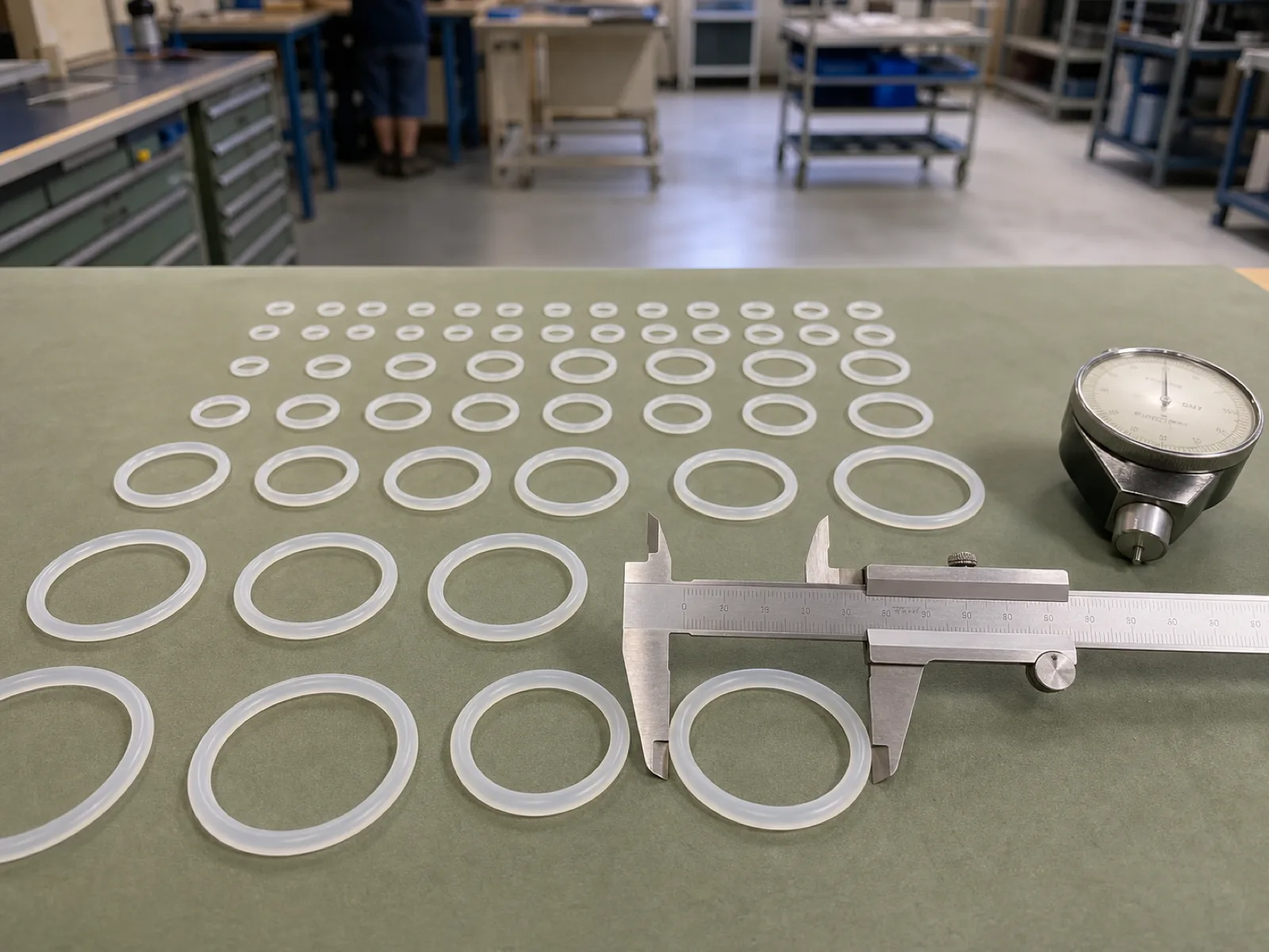 Rows of translucent food-grade silicone O-rings organized by AS568 dash size on a QC bench with vernier caliper and durometer, showing the physical reference behind a silicone O-ring size chart.