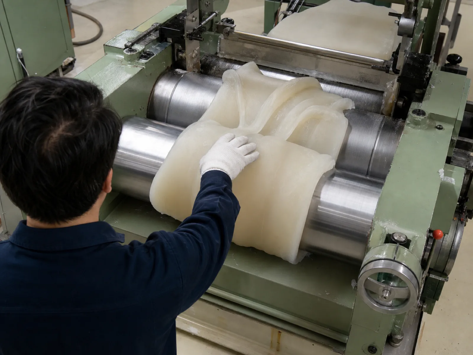 Two-roll open mill kneading a translucent 70 Shore A VMQ silicone compound with fumed silica reinforcement in preparation for compression molding silicone o-rings — muted sage and cream workshop, Dongguan factory floor.