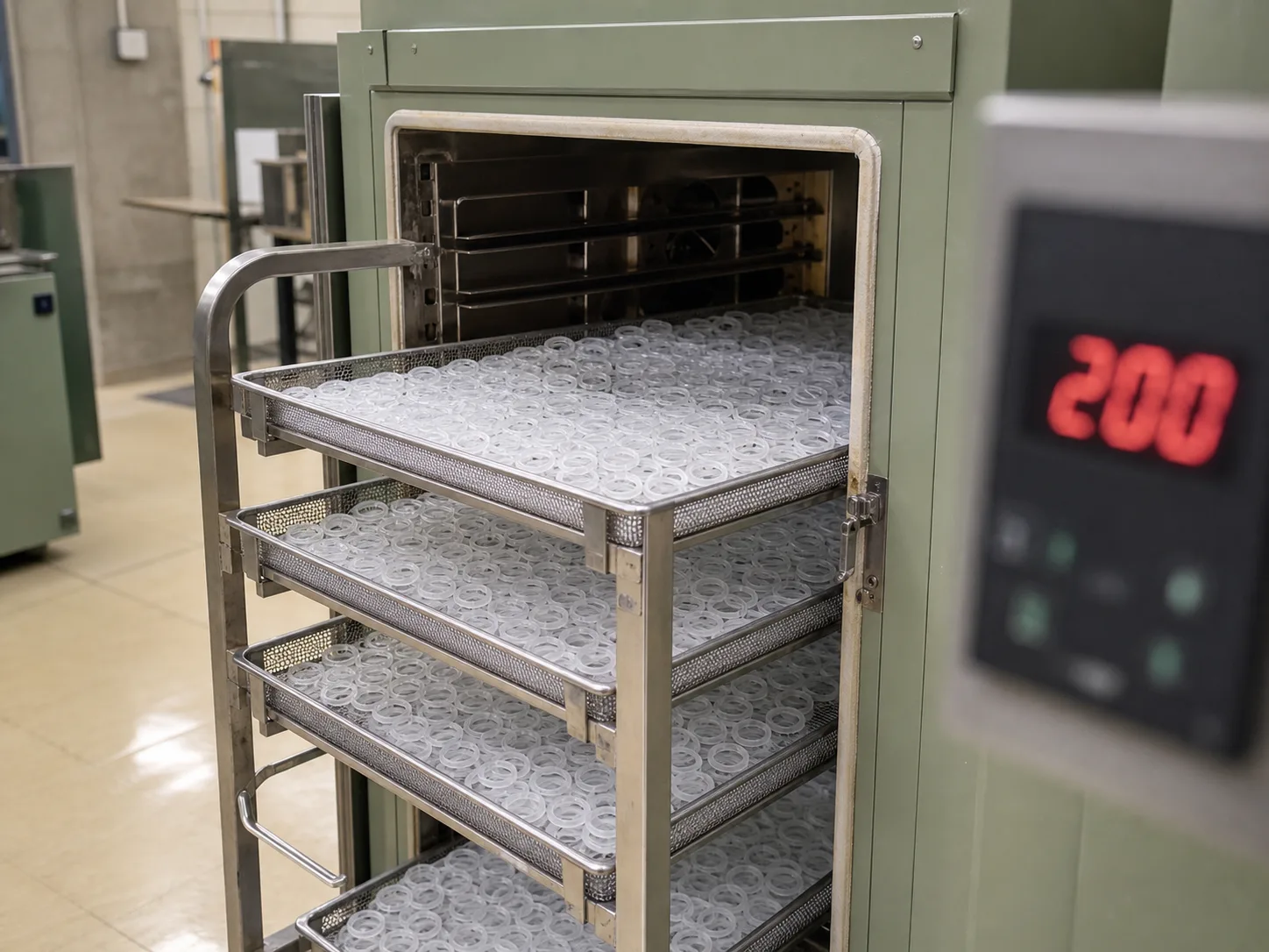 Rack of trays holding freshly demolded translucent silicone o-rings entering a 200 degrees Celsius forced-air post-cure oven for the mandatory four-hour volatile bake — required to clear LFGB and FDA extraction limits for food-contact silicone o-rings.