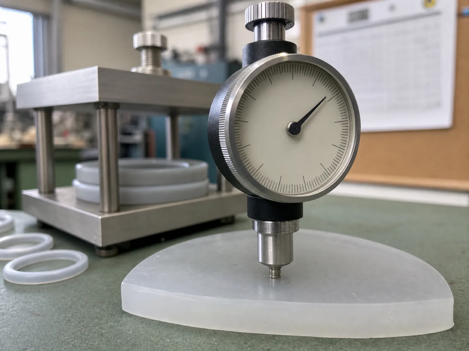 Type A durometer probe pressing into a translucent VMQ silicone o-ring test slab at a QC bench measuring Shore A hardness alongside a compression set test fixture and ASTM D395 documentation for silicone o-ring dimensional and hardness verification.