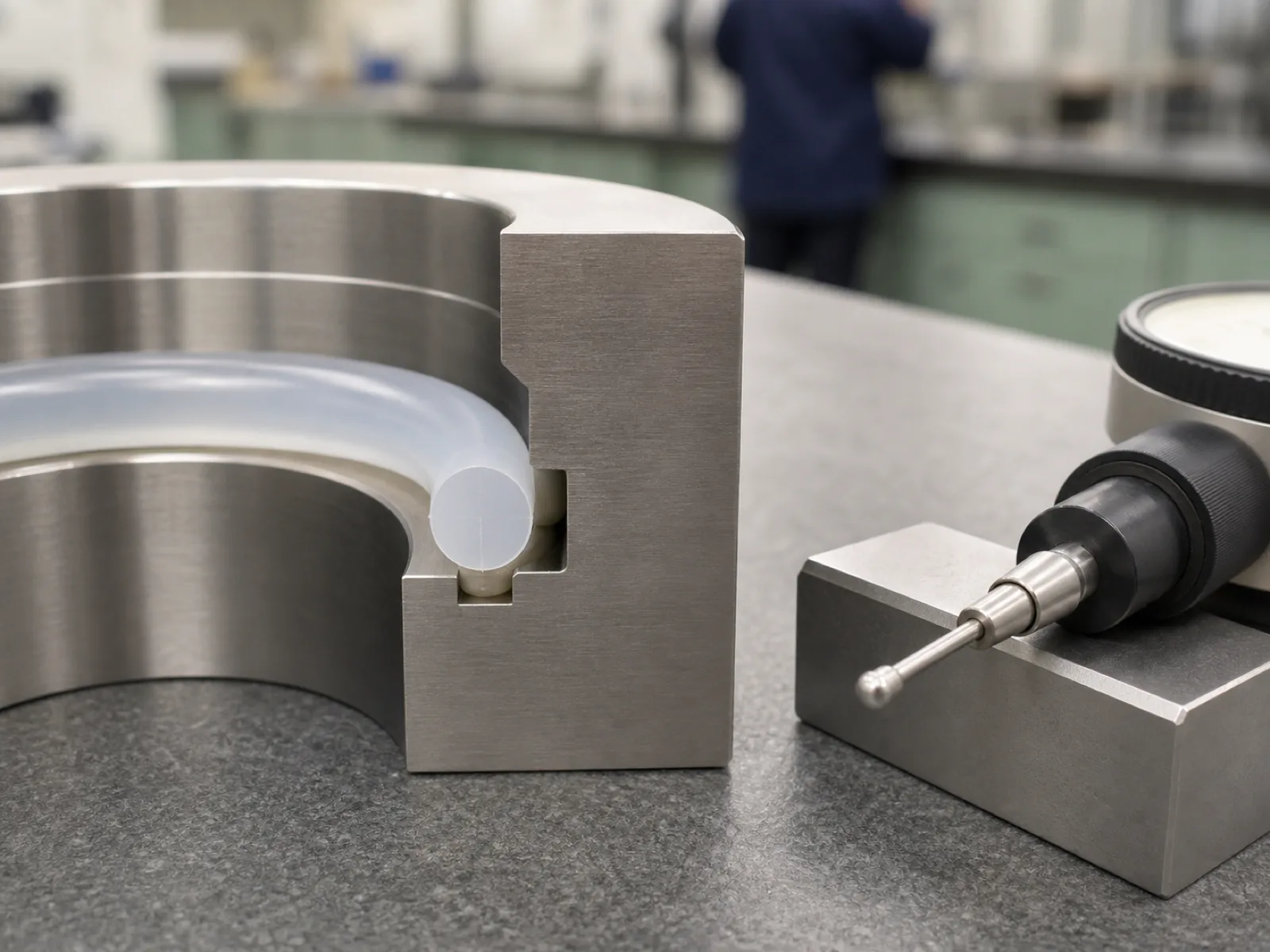 Stainless steel gland groove holding a translucent 70 Shore A silicone o-ring in a stainless housing under D65 workshop lighting on a compression-molding QC bench in Dongguan — cross section view for silicone o-ring specifying guide.