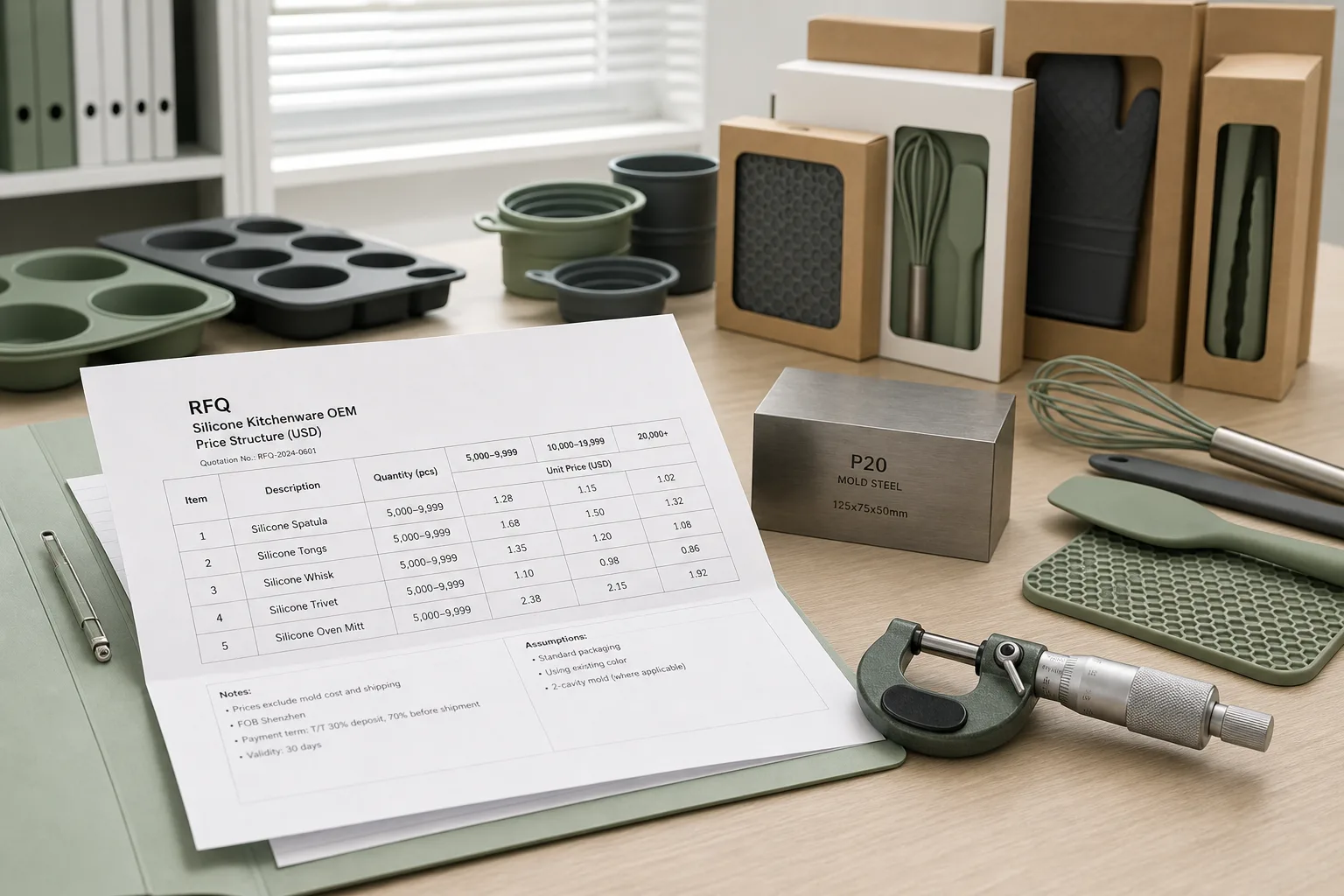 Editorial photograph of an RFQ document, P20 mold sample, precision micrometer, and stack of finished silicone products